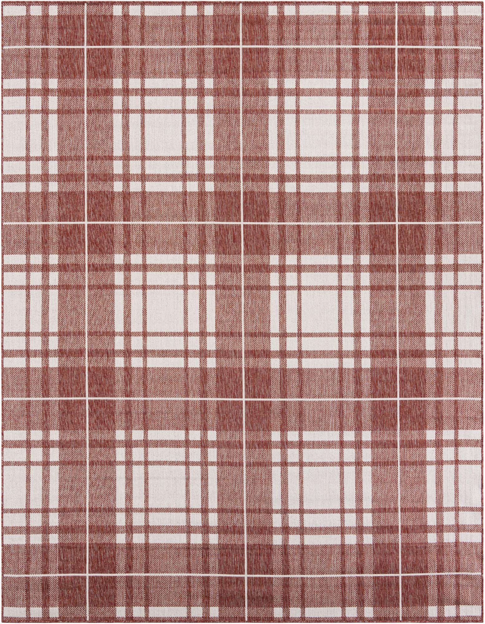 An 8x10 rectangular flatweave rug featuring a modern red and off-white checkered plaid pattern, suitable for indoor or outdoor use.