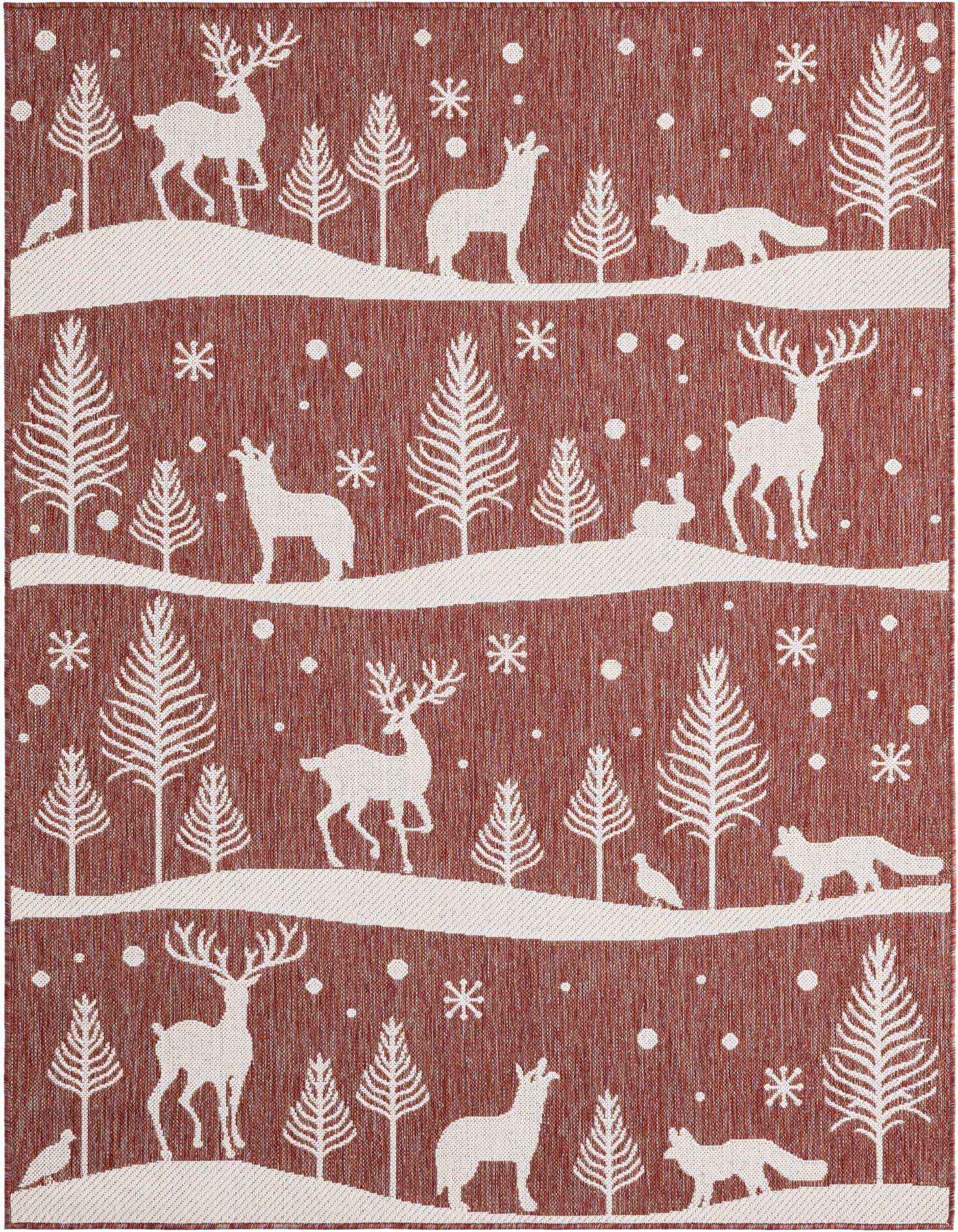 A 5x7 rectangular red and white rug featuring a modern winter forest scene with deer, foxes, and trees.