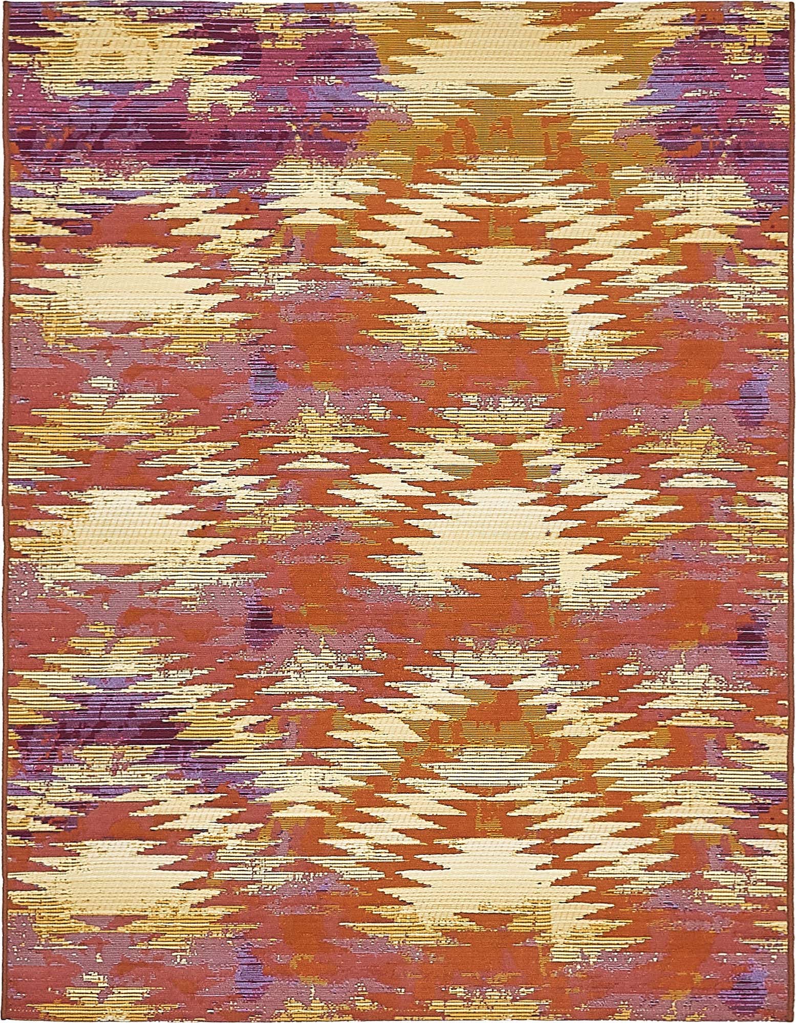 A 4x6 rectangular indoor/outdoor rug featuring an abstract Southwestern pattern in shades of red, orange, purple, and cream.