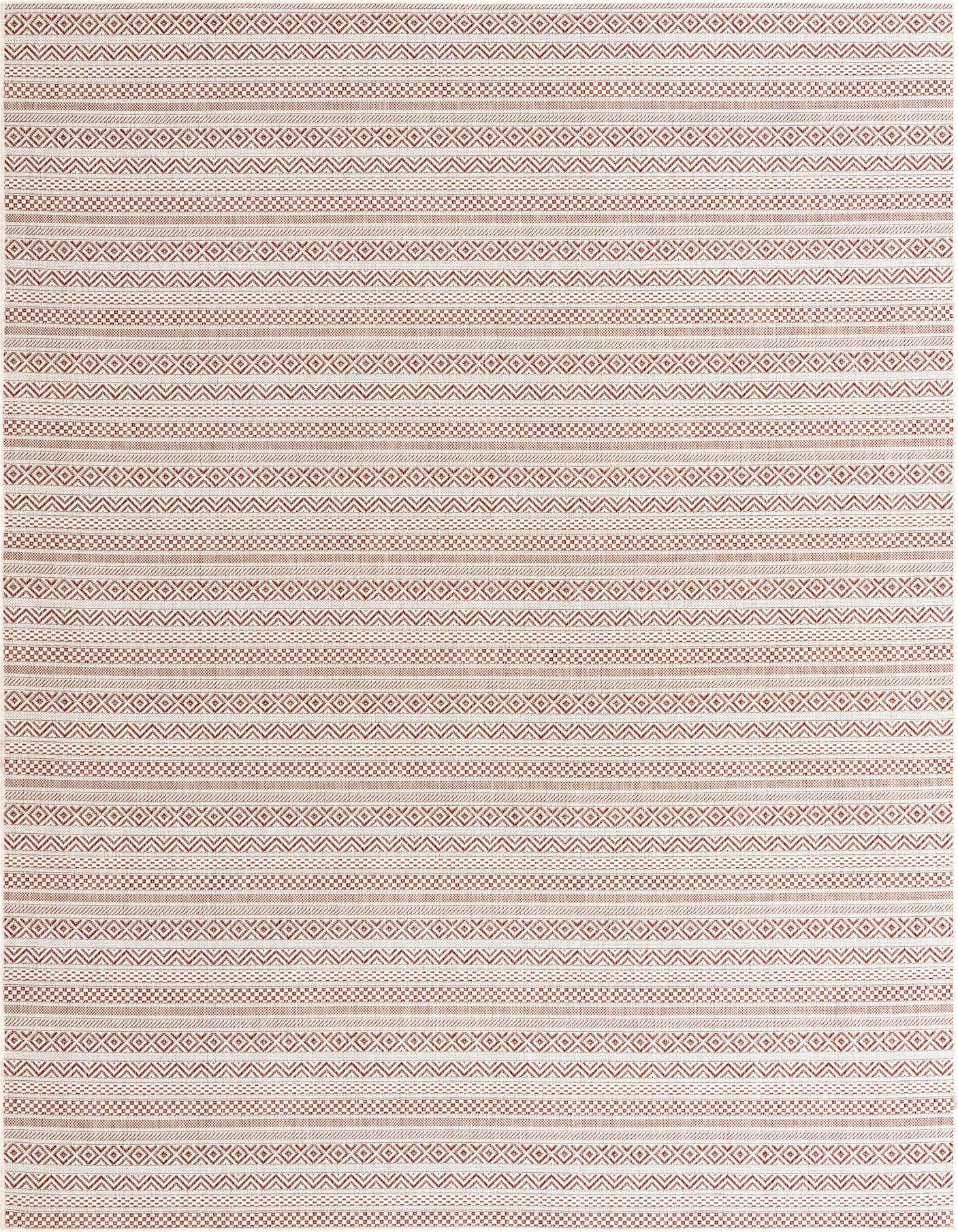 A 7x10 rectangular flatweave rug with a tribal and modern striped pattern in shades of red and off-white, suitable for indoor or outdoor spaces.