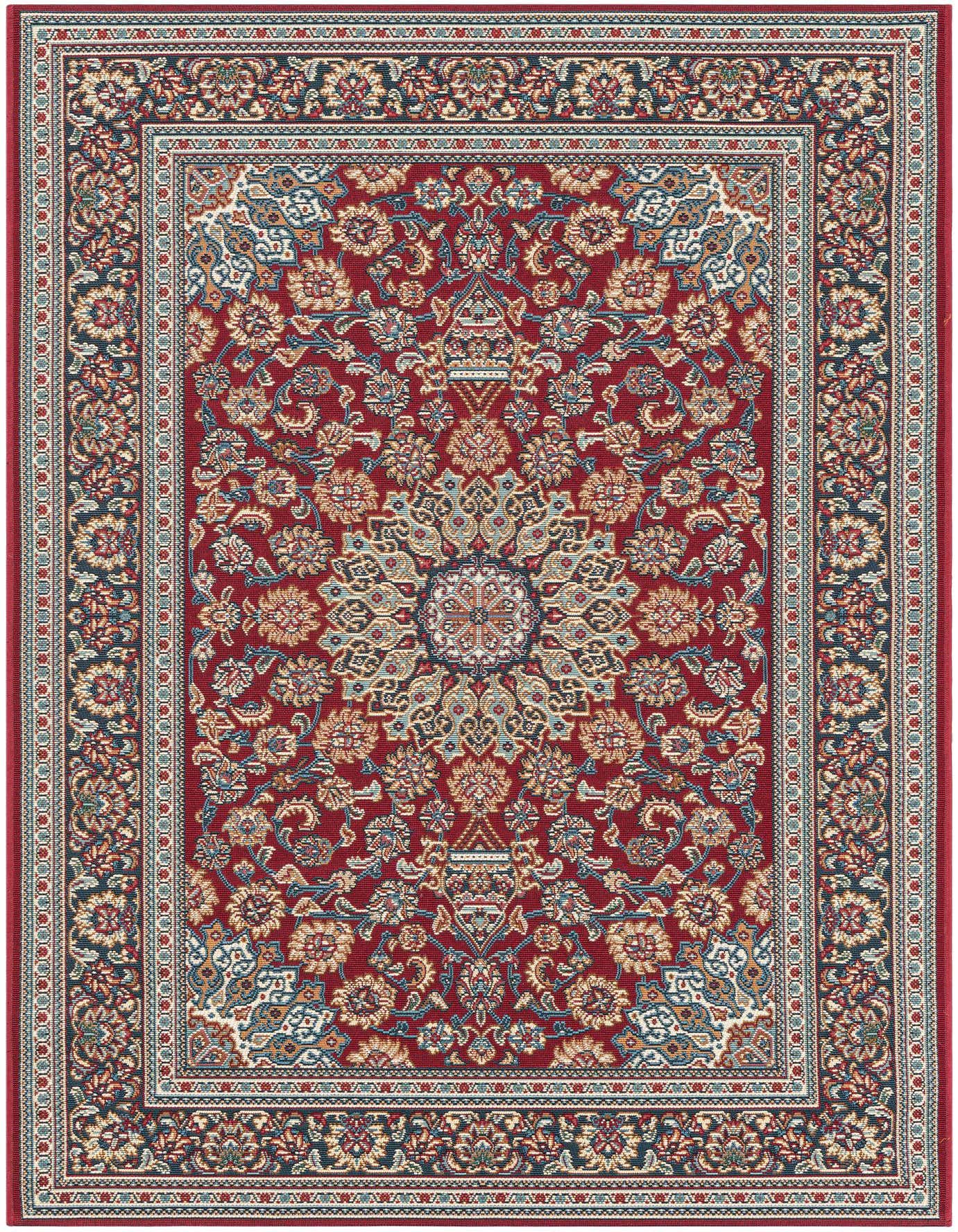 A 4x6 rectangular red Oriental rug with a central medallion and intricate floral patterns, ideal for indoor or outdoor spaces.