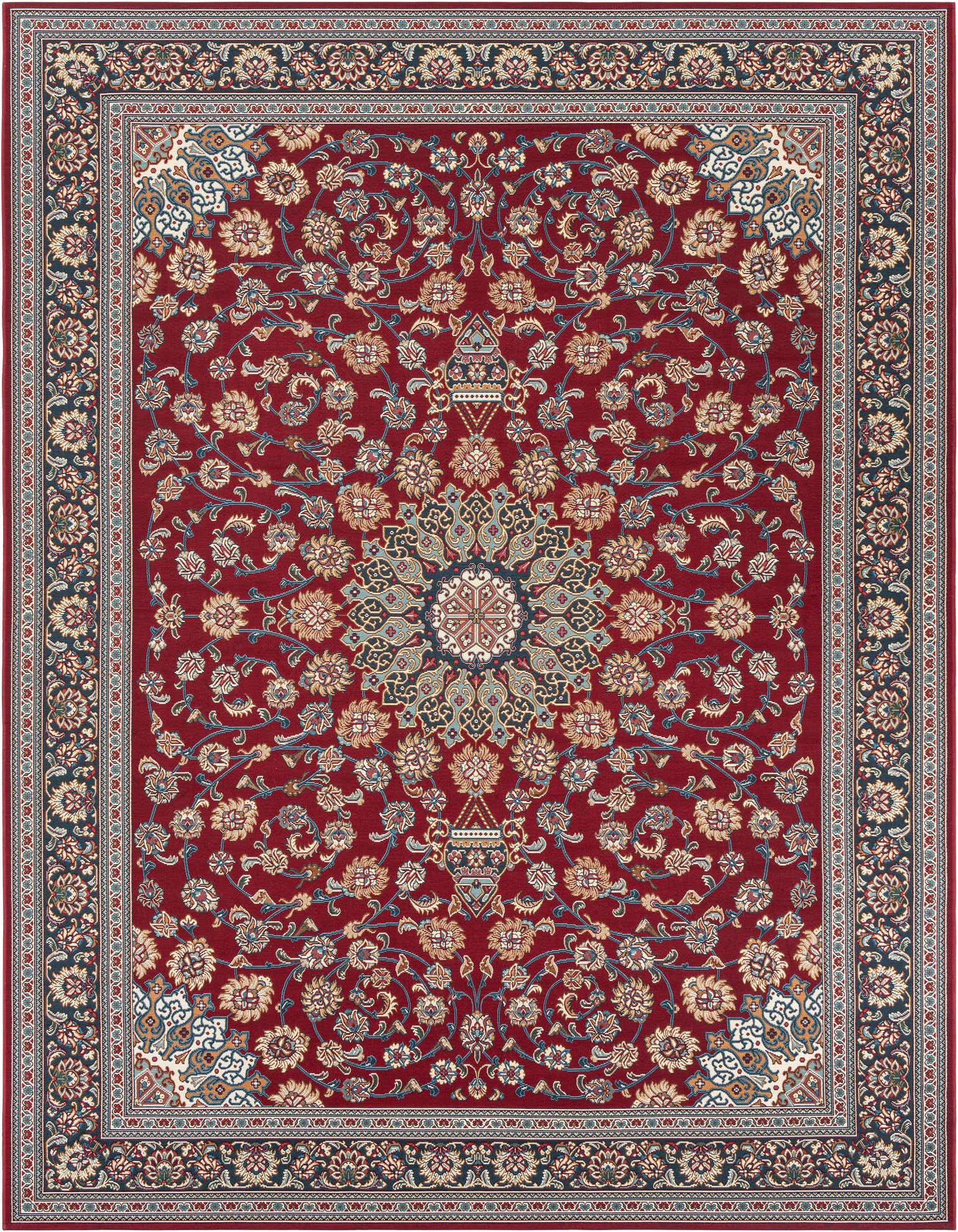 A 9x12 rectangular red Oriental rug with a central medallion and intricate floral patterns, suitable for indoor or outdoor use.