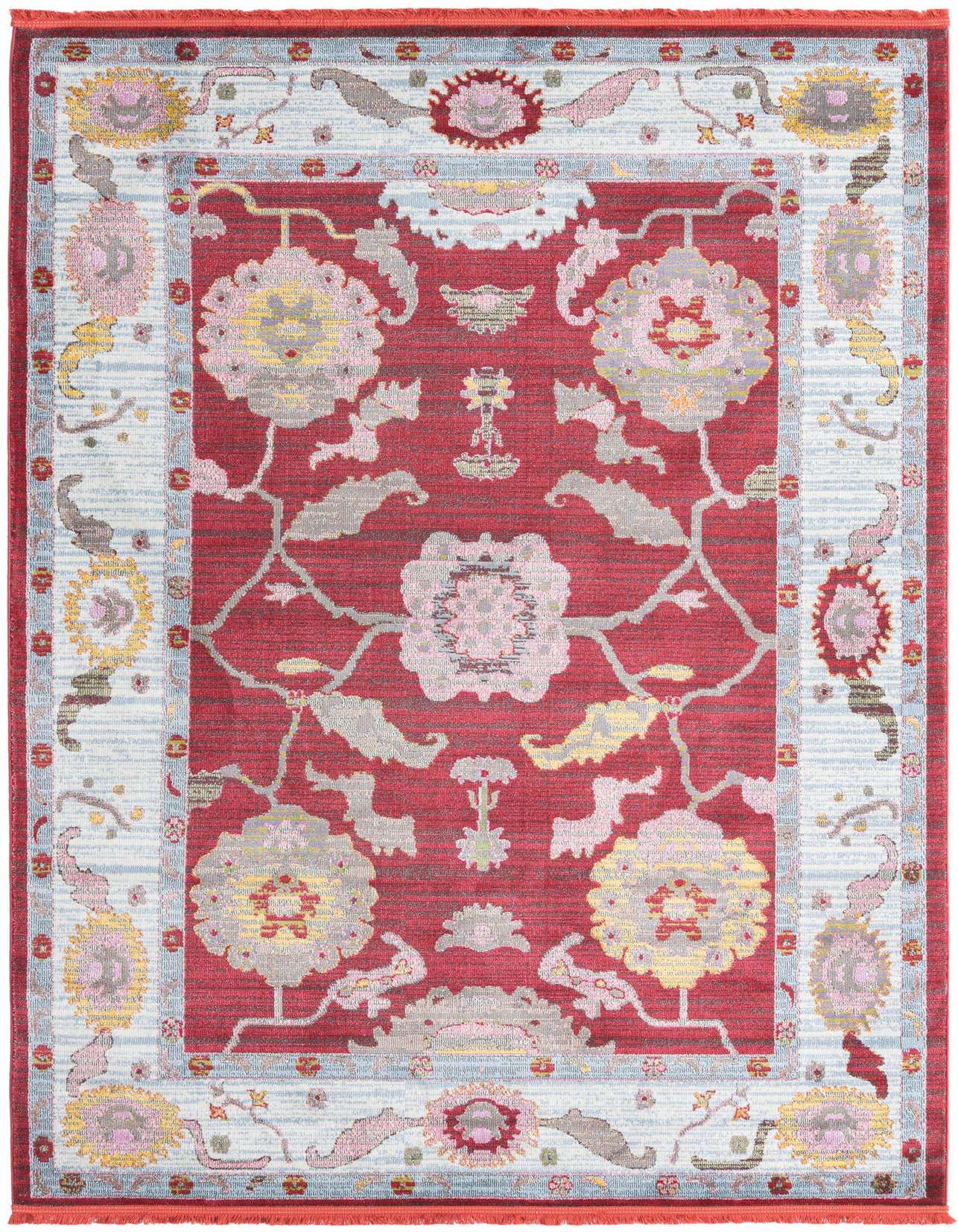 A 6x9 rectangular red rug with a traditional medallion and floral pattern in light blue, pink, and yellow.