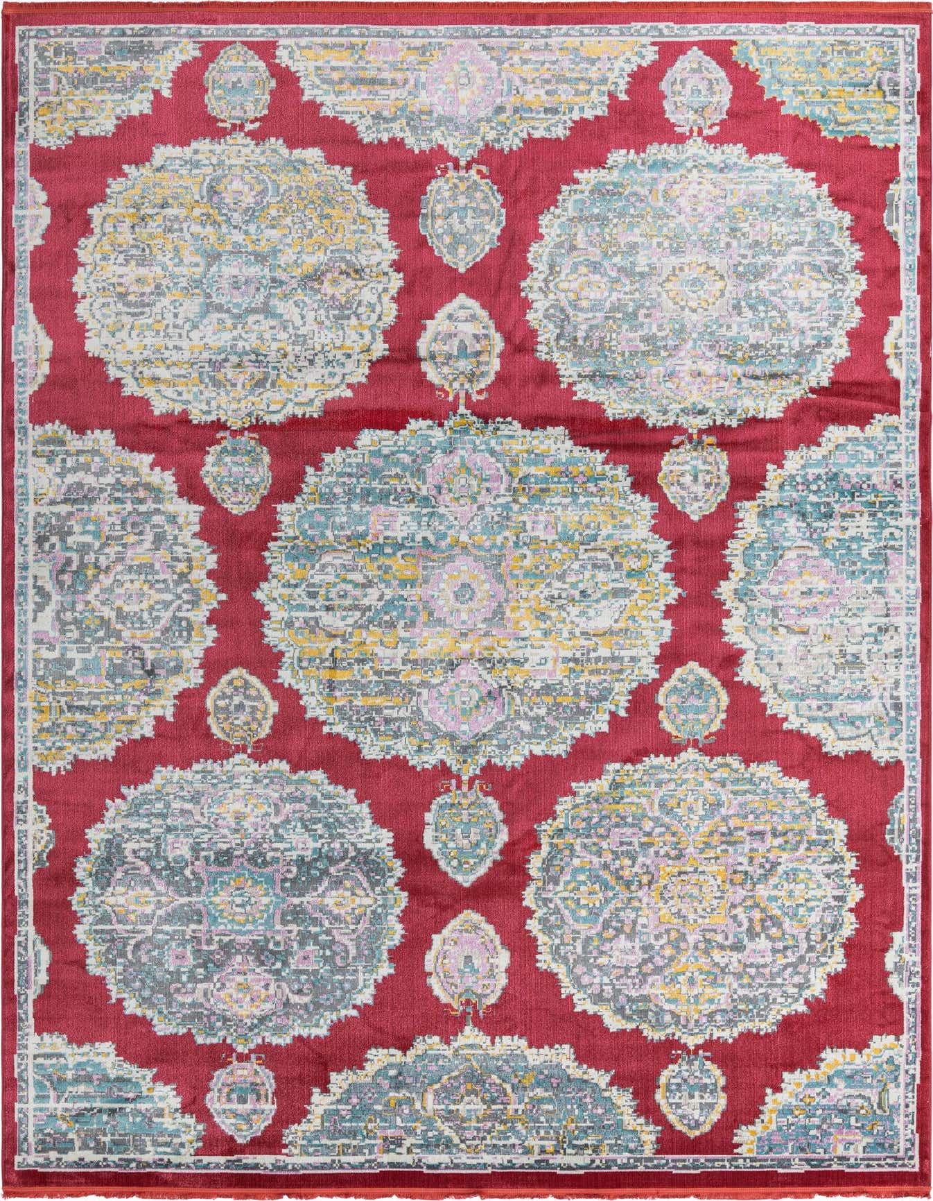 A 10x14 rectangular red rug with large, distressed bohemian floral medallions in teal, yellow, and grey.