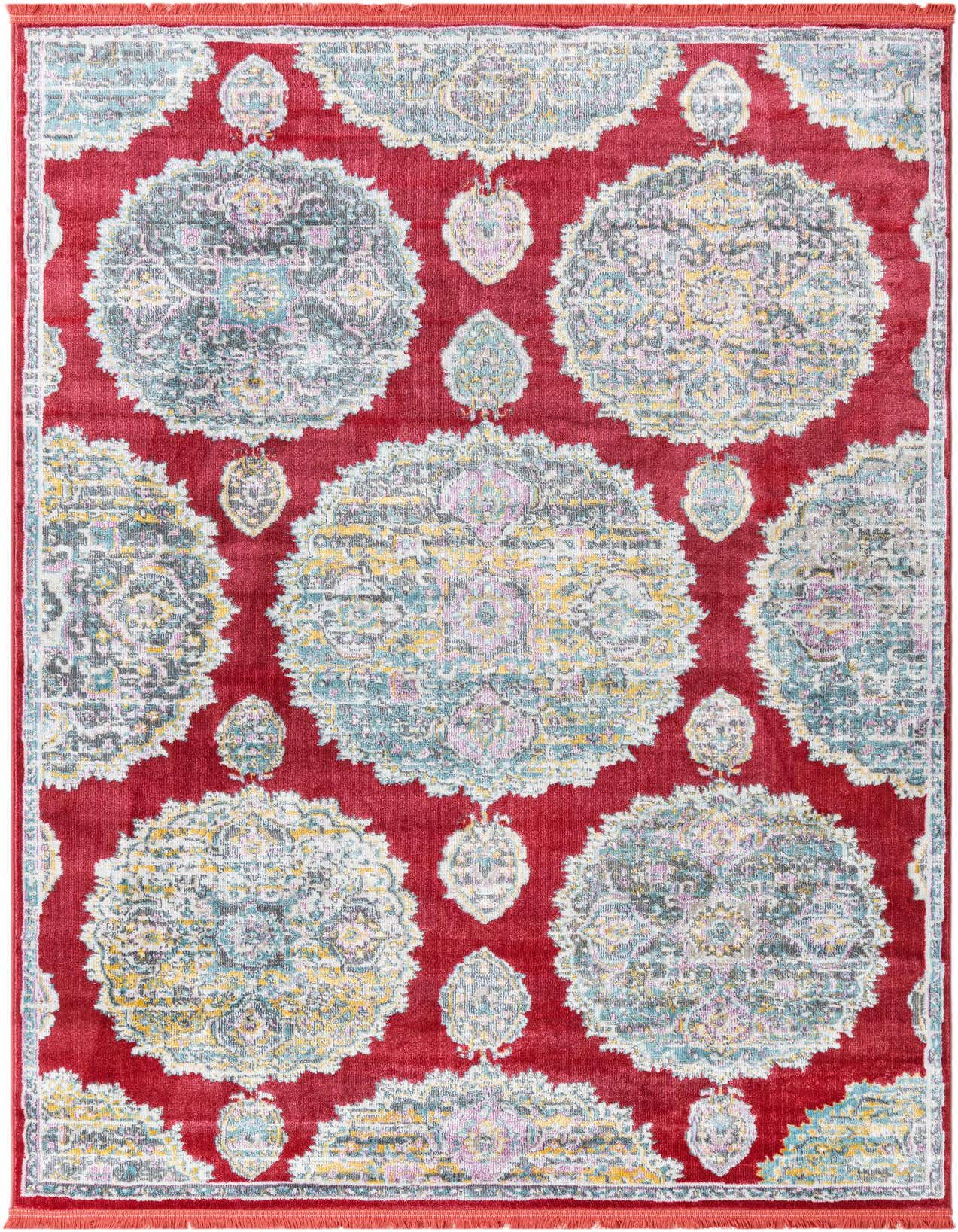 A 5x8 rectangular red bohemian rug with large, faded floral medallions in light blue, yellow, and gray.