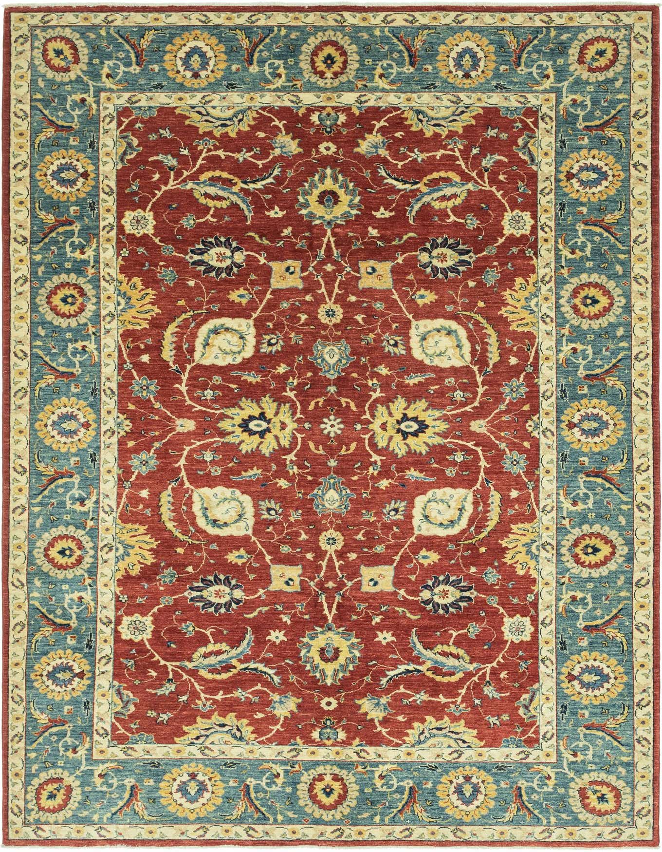 A 7x10 rectangular red Peshawar Ziegler rug with a traditional botanical pattern and a teal border, suitable for a living room.