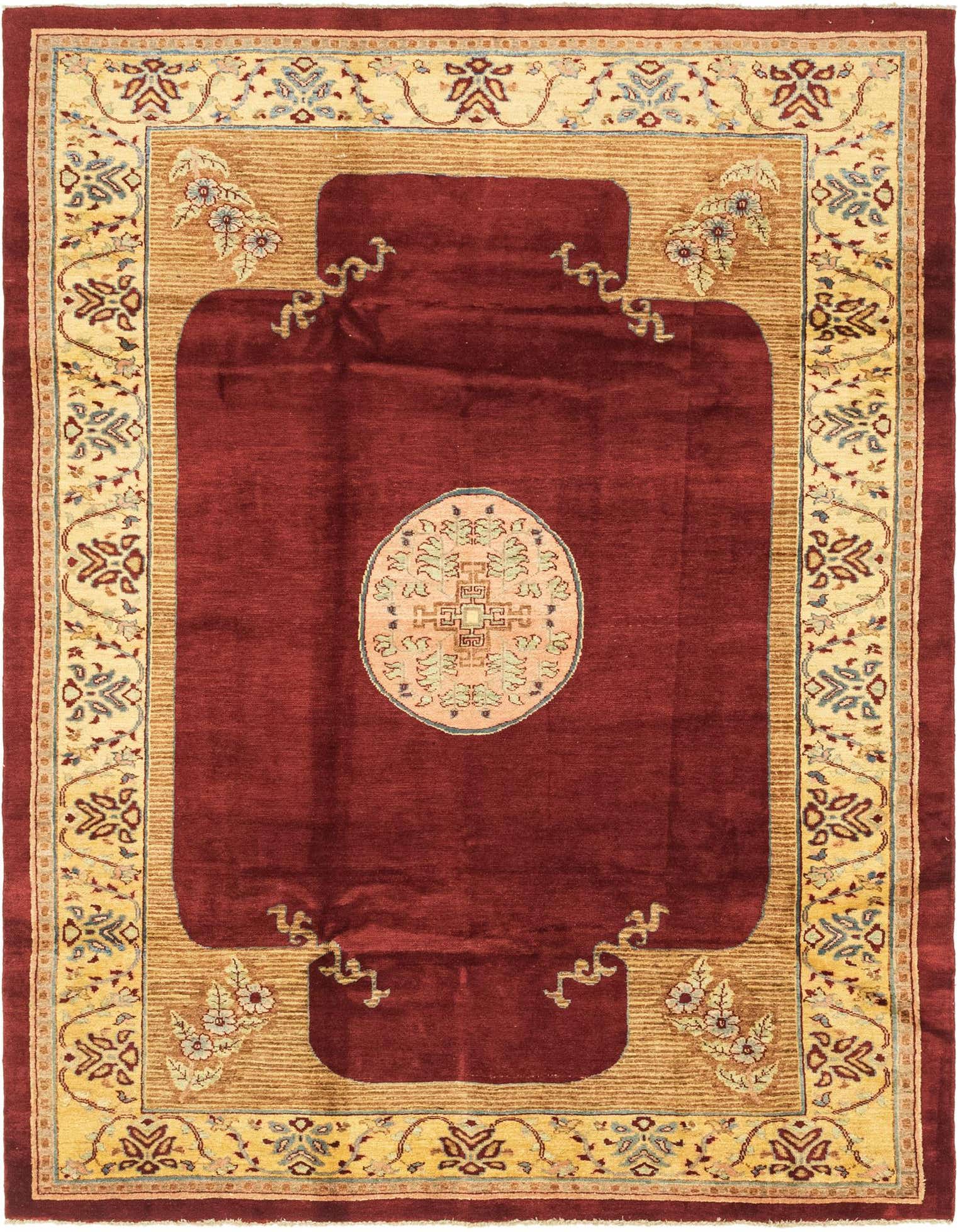 A 6x9 rectangular Peshawar Ziegler rug featuring a deep red field with a central medallion, framed by a wide gold and cream border with traditional floral and tribal motifs.