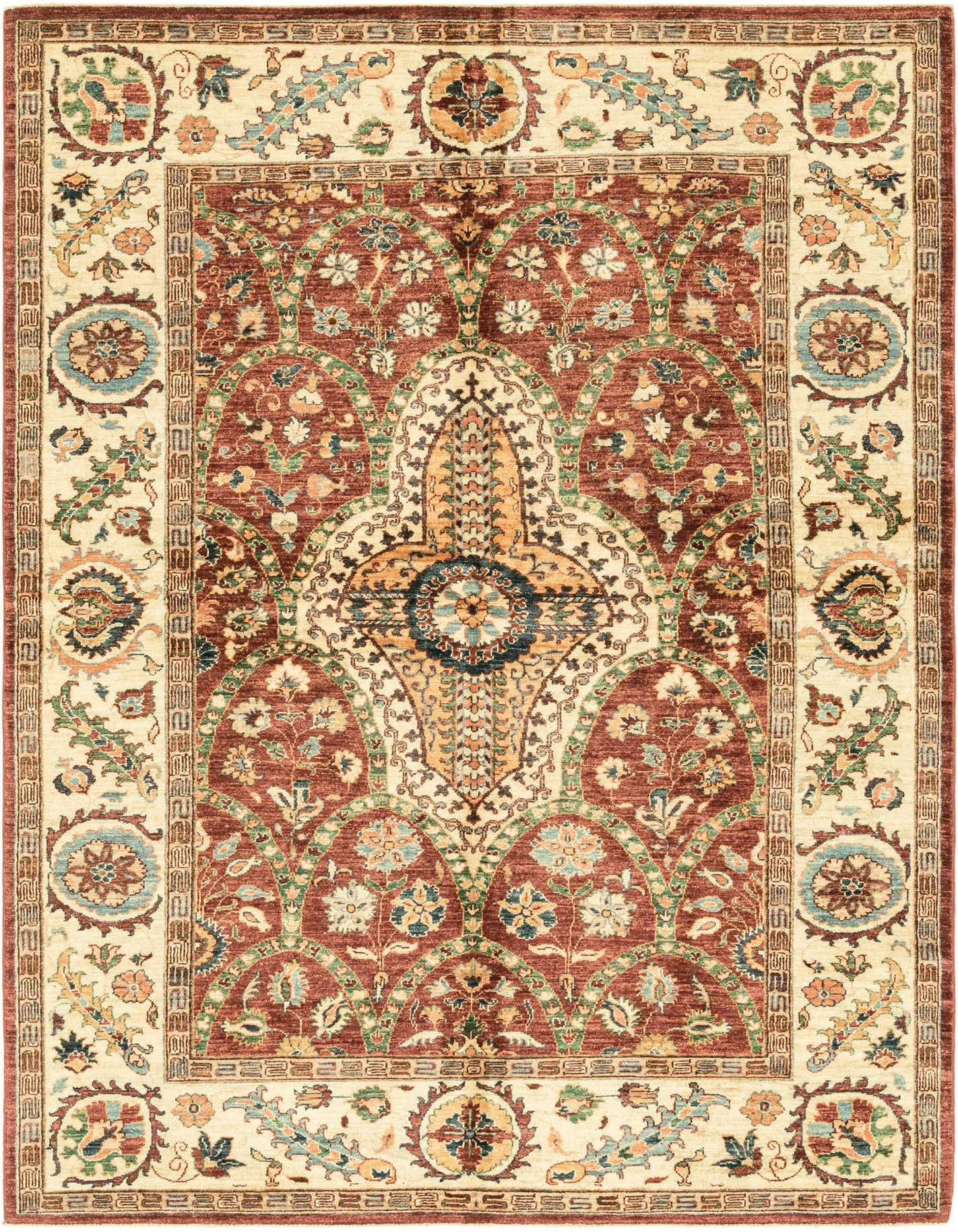 A 6x9 rectangular Peshawar Ziegler rug with a red field and botanical, oriental, and floral patterns in cream, blue, and green.
