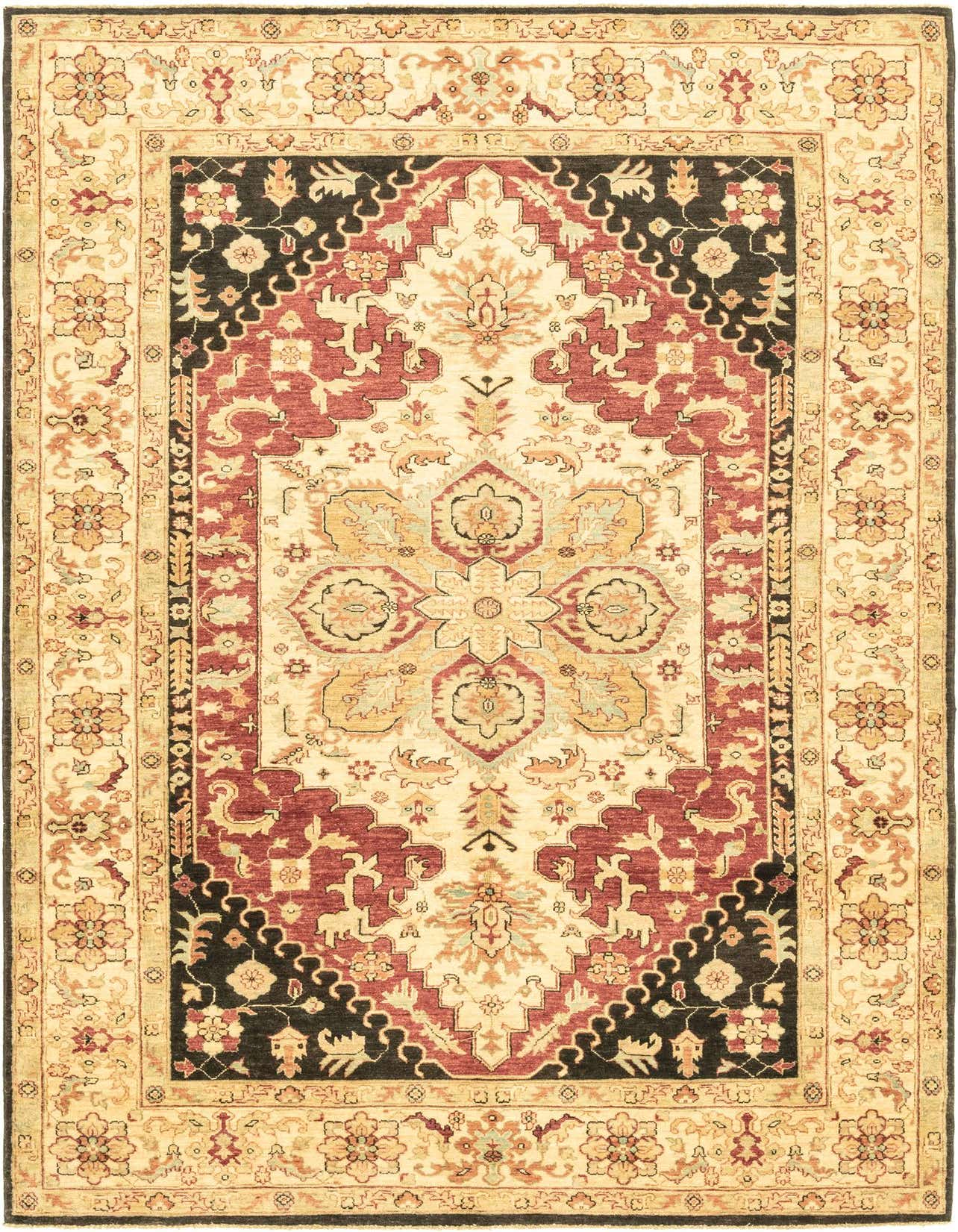 A 6x9 rectangular Peshawar Ziegler rug with a central medallion, featuring reds, black, and cream botanical and tribal patterns, perfect for a living room.