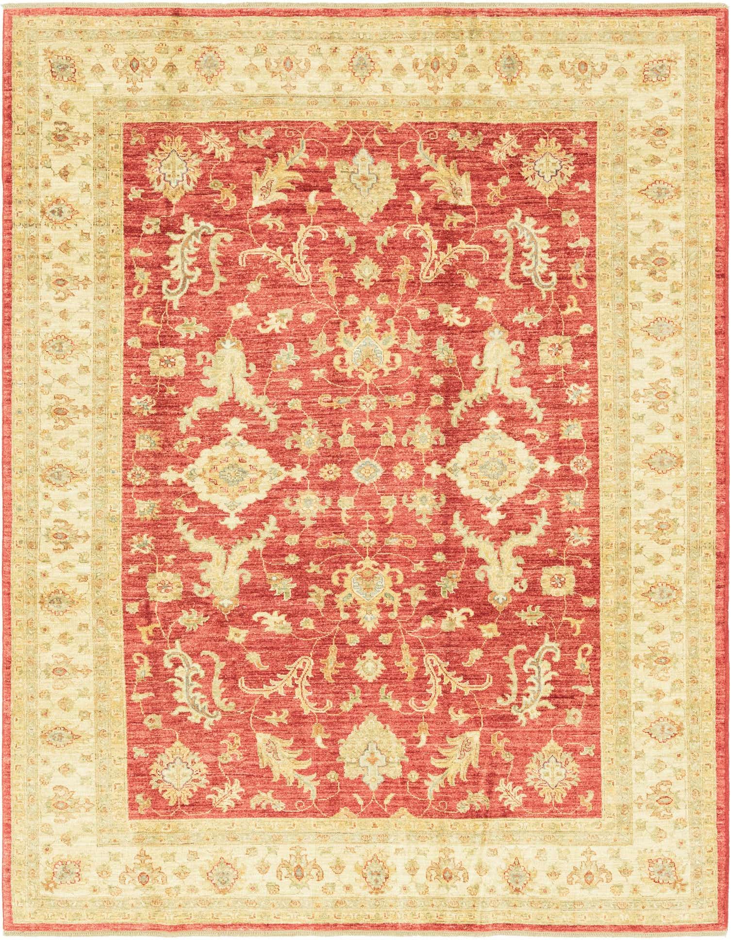 A 7x10 rectangular Peshawar Ziegler rug featuring a red field with an intricate botanical and floral pattern in cream and gold, bordered by a wide cream frame with complementary designs.