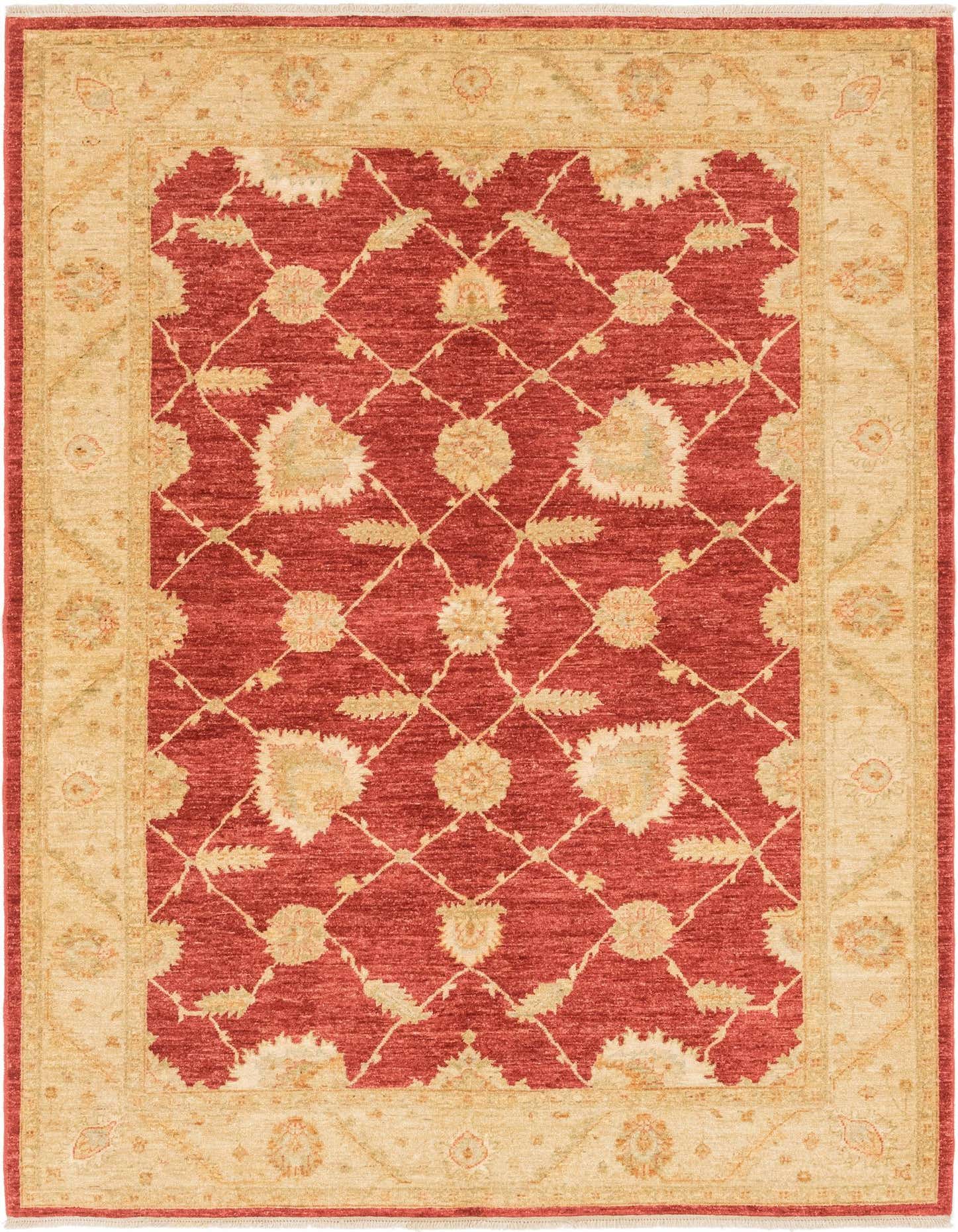 A 6x9 rectangular red and beige traditional Peshawar Ziegler rug with a botanical floral pattern, ideal for a living room.