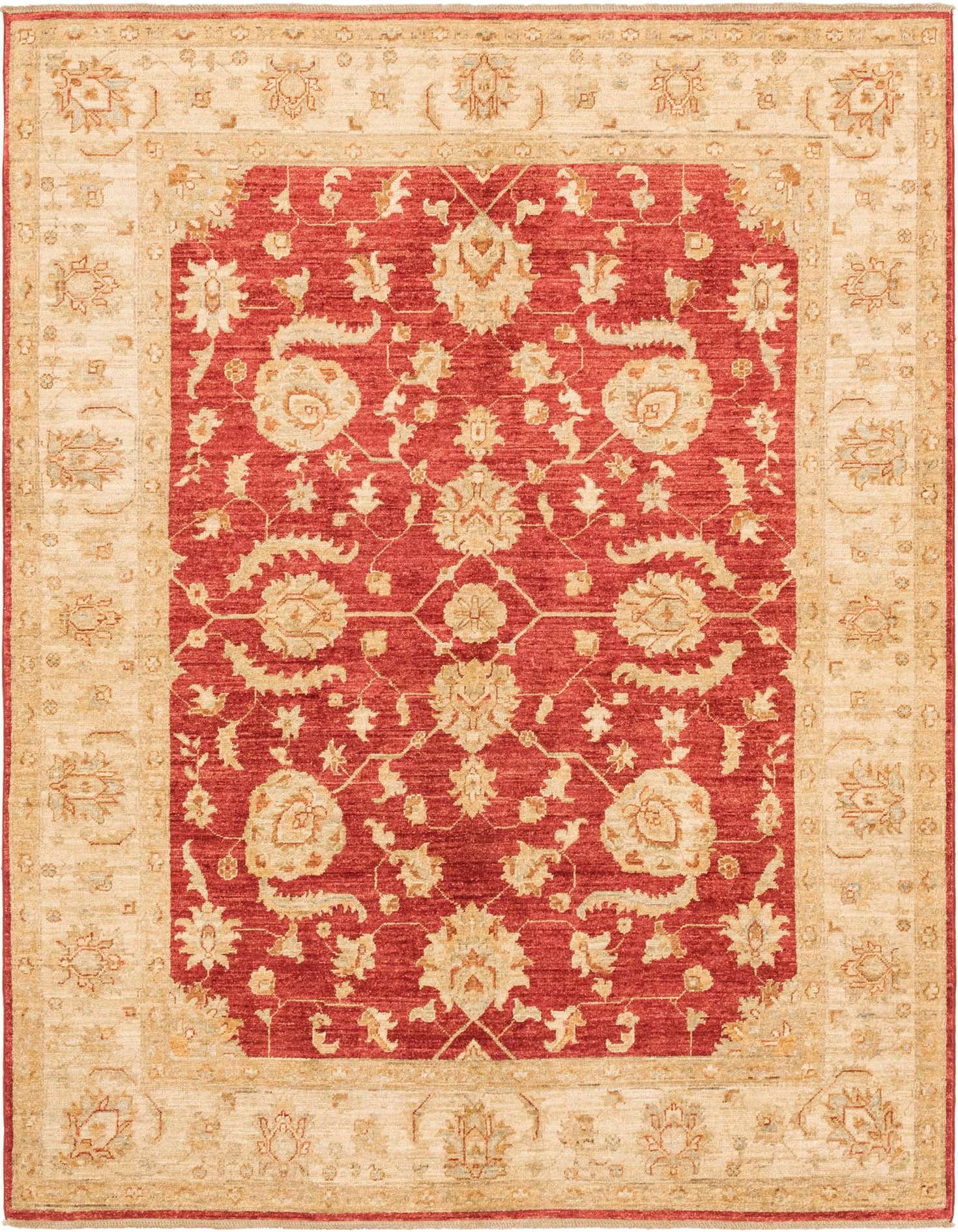 A 6x9 rectangular red and beige traditional Peshawar Ziegler rug with intricate botanical and floral patterns.