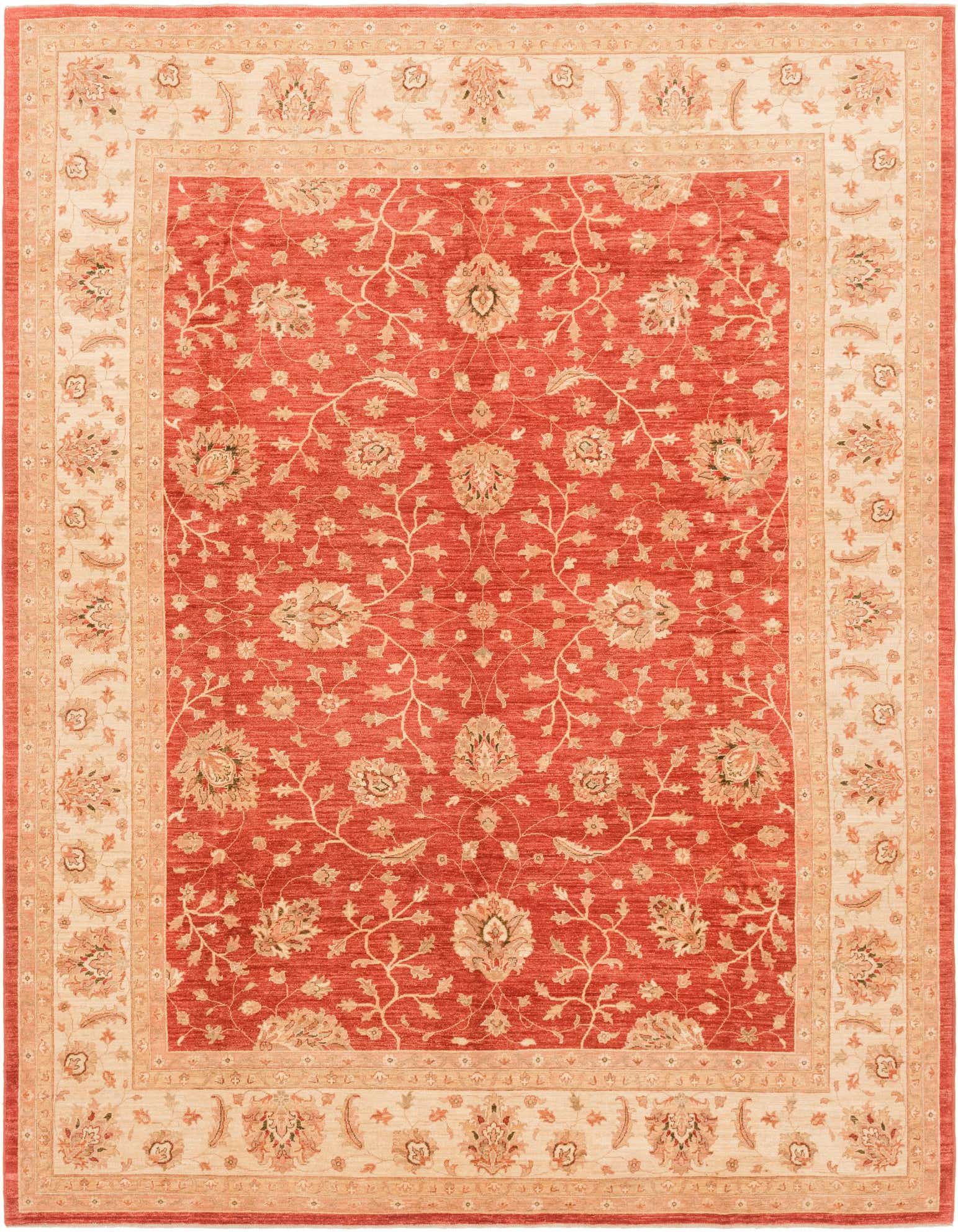 A 10x13 rectangular red area rug with an intricate beige botanical and floral traditional Oriental pattern.