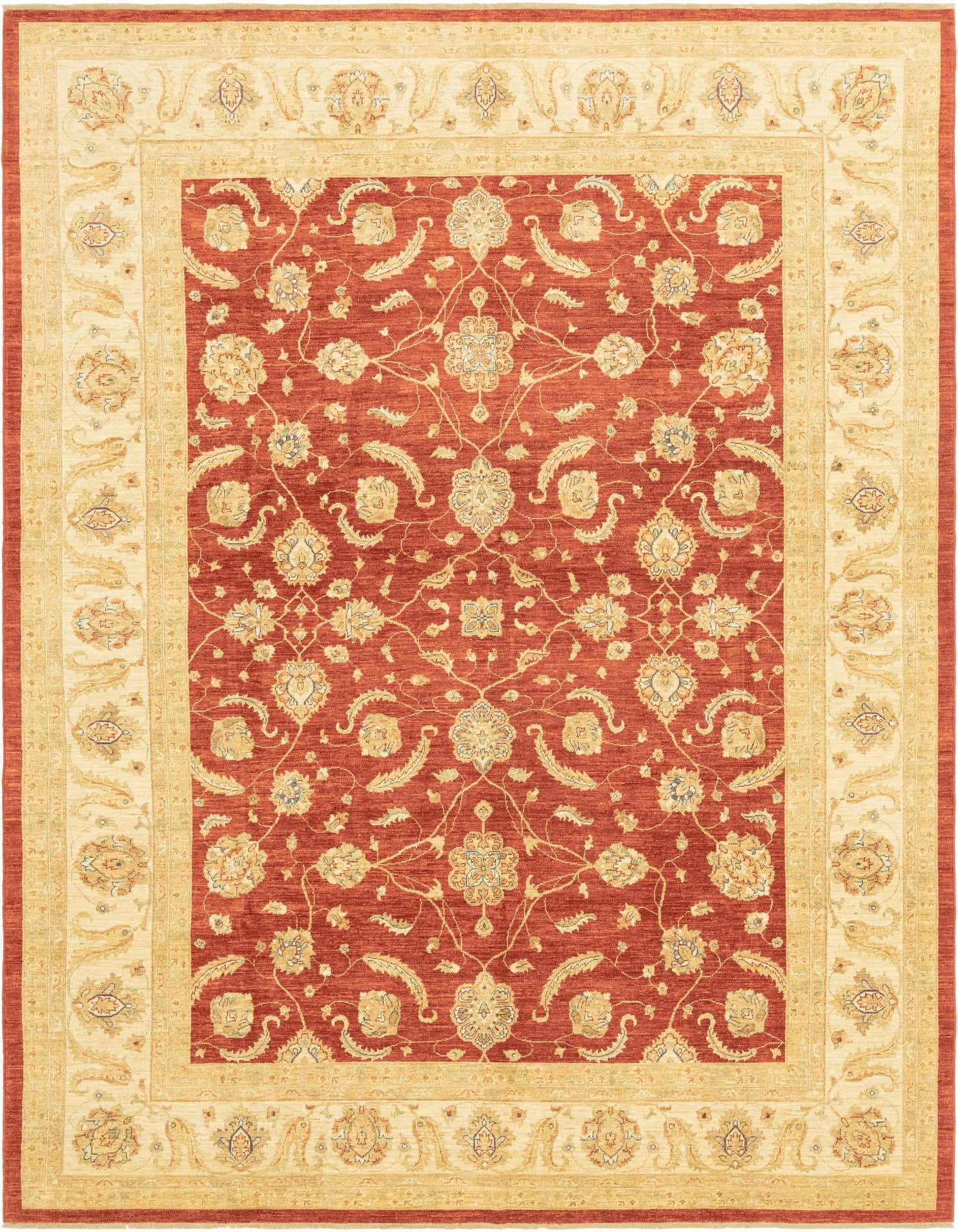 A 10x13 rectangular Peshawar Ziegler rug featuring a deep red field with intricate gold and cream botanical patterns, bordered by a wide cream frame with complementary floral designs.