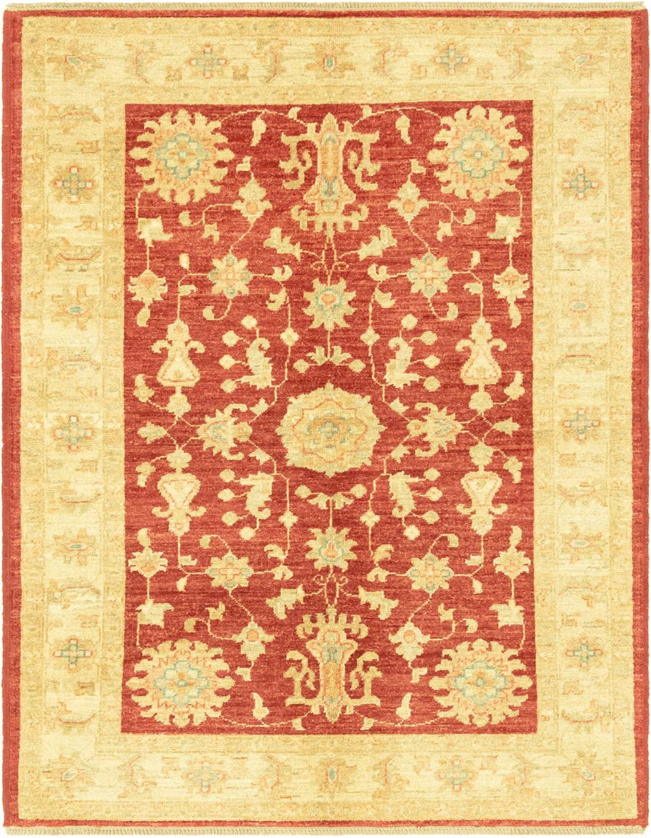 A 3x5 rectangular Peshawar Ziegler rug with a red field and intricate botanical and floral patterns in cream, gold, and light blue, framed by a cream border.