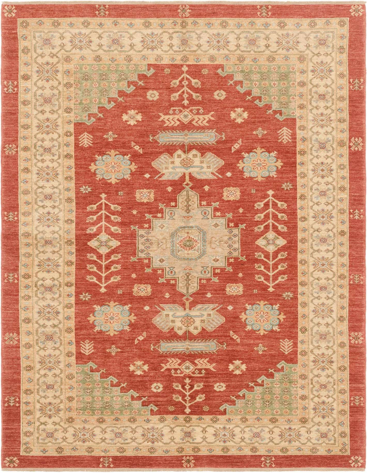 A 6x9 rectangular Peshawar Ziegler rug in reds with a central medallion and tribal patterns, handmade from wool.