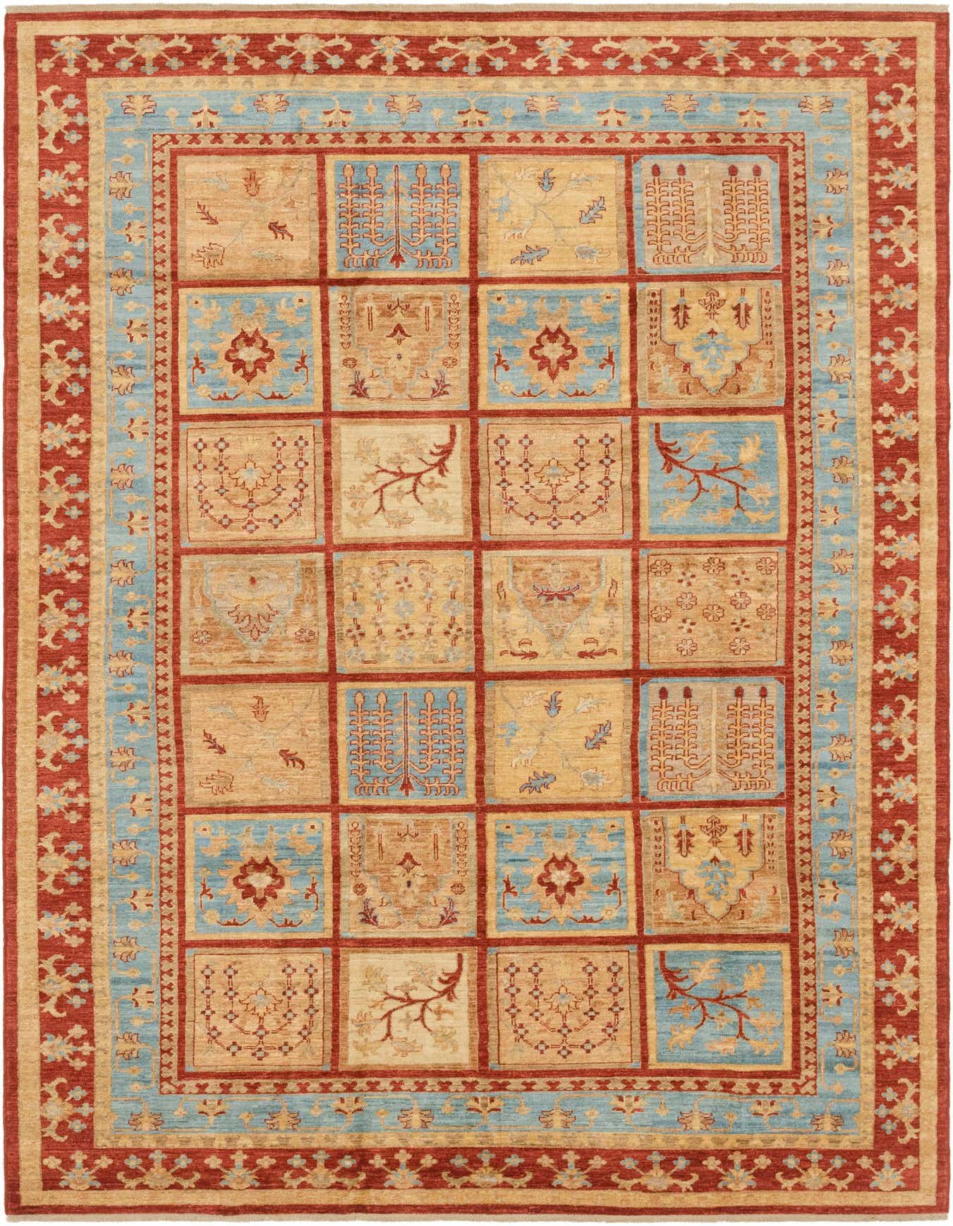 A rectangular 7x10 Peshawar Ziegler rug featuring a traditional tribal pattern in reds, light blue, and beige.
