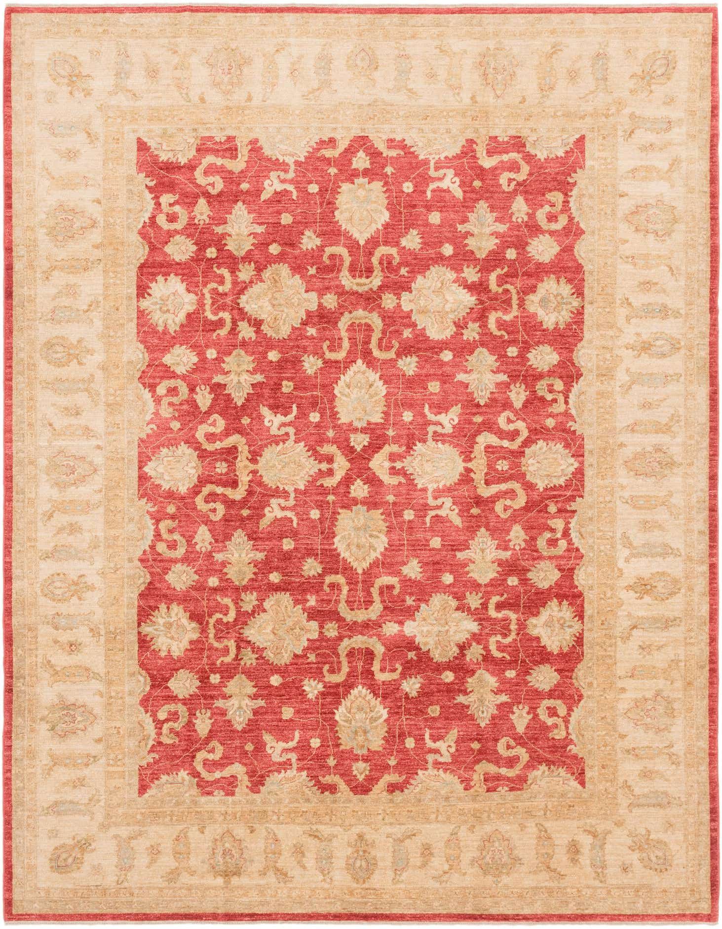 An 8x11 rectangular Peshawar Ziegler rug featuring a rich red field with intricate botanical patterns in beige, framed by a wide beige border with complementary floral motifs.