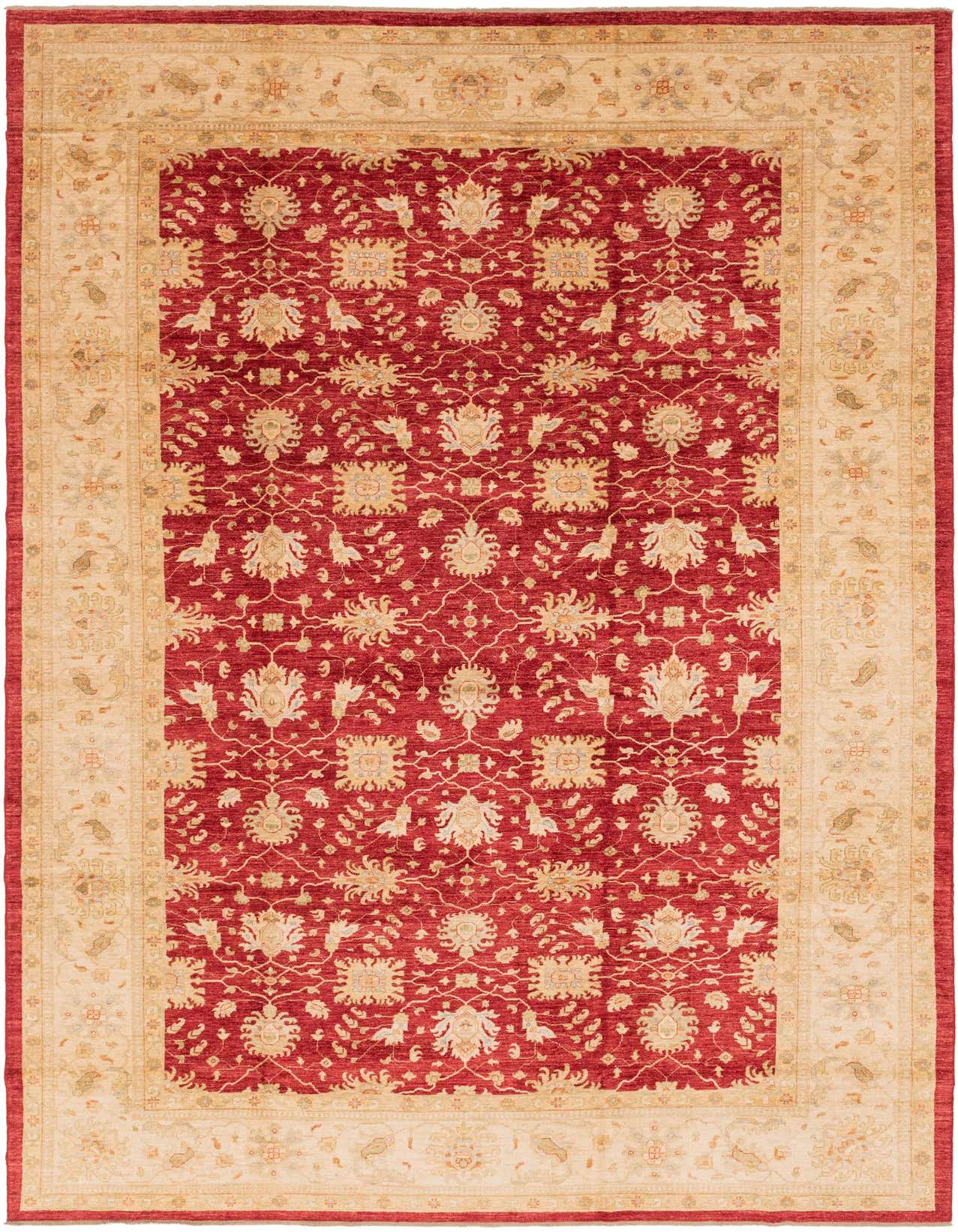 A large 10x16 rectangular red traditional rug with an intricate botanical and floral pattern, framed by a wide beige border.