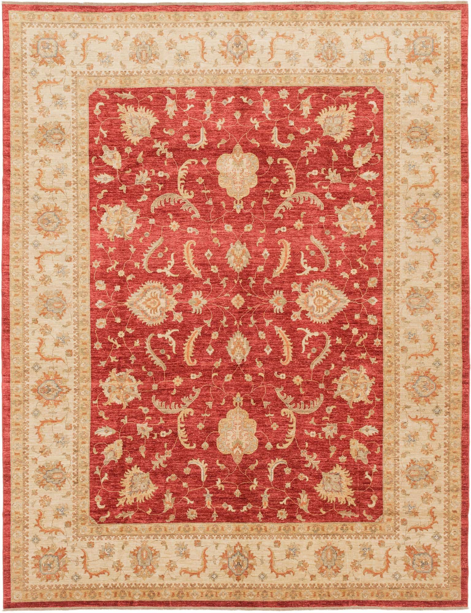 A 10x13 rectangular red and beige traditional Peshawar Ziegler rug with intricate botanical and floral patterns.