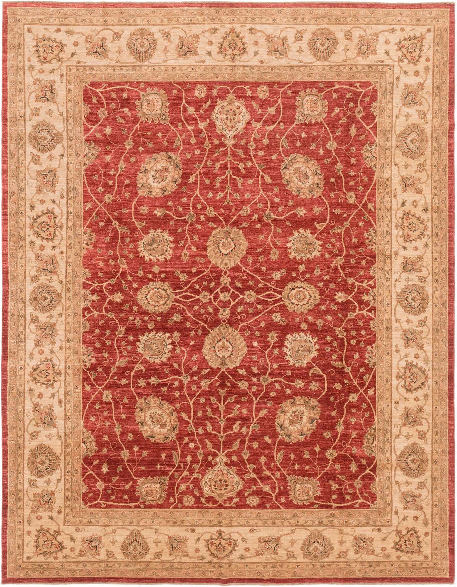 A 9x12 rectangular Peshawar Ziegler rug in red with a detailed botanical and floral pattern and a wide beige border.