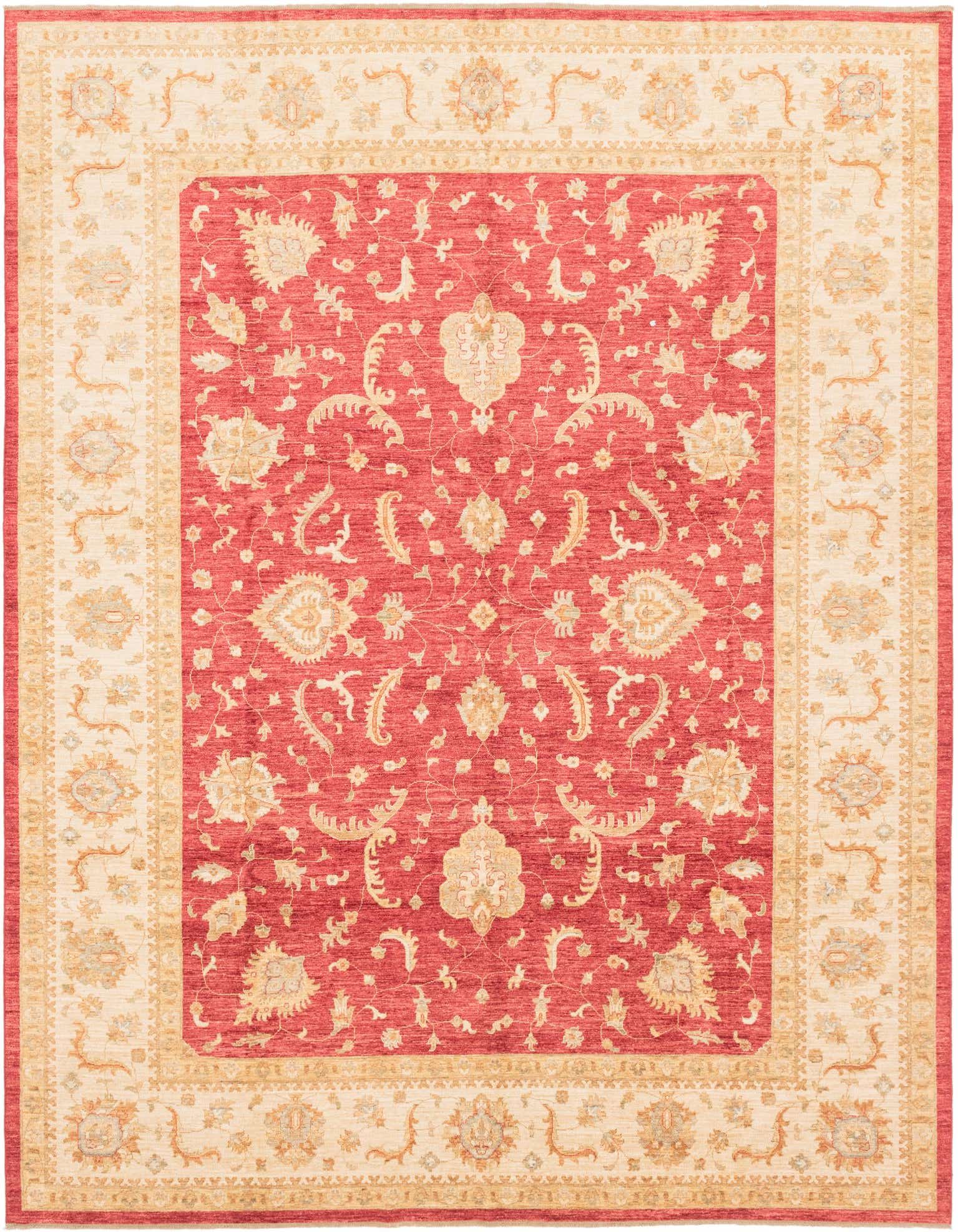 A 10x13 rectangular red area rug with an intricate cream and gold botanical border, ideal for a living room.