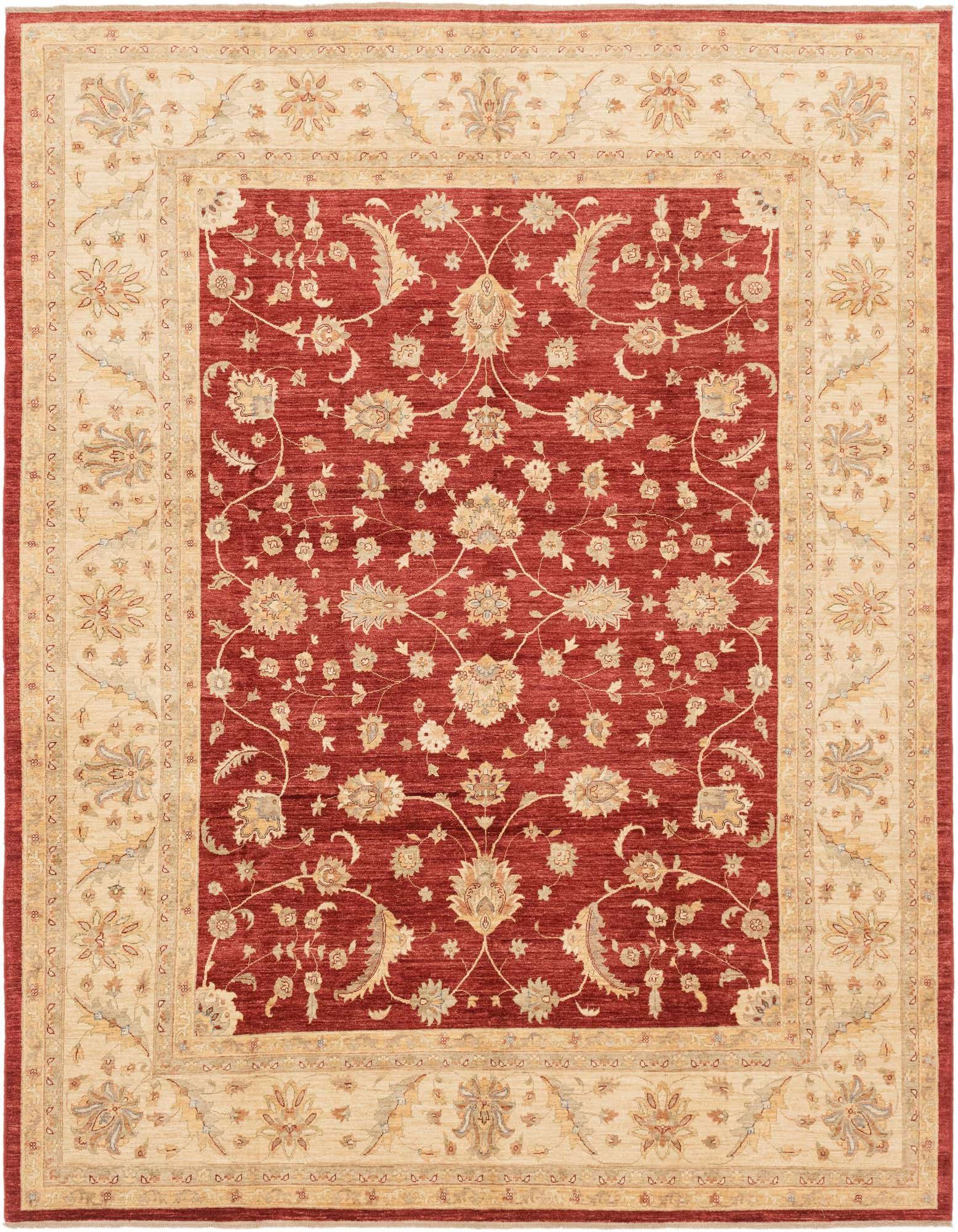 A 10x13 rectangular Peshawar Ziegler rug with a deep red field and intricate floral patterns in cream and gold, bordered by a wide cream band with complementary motifs.