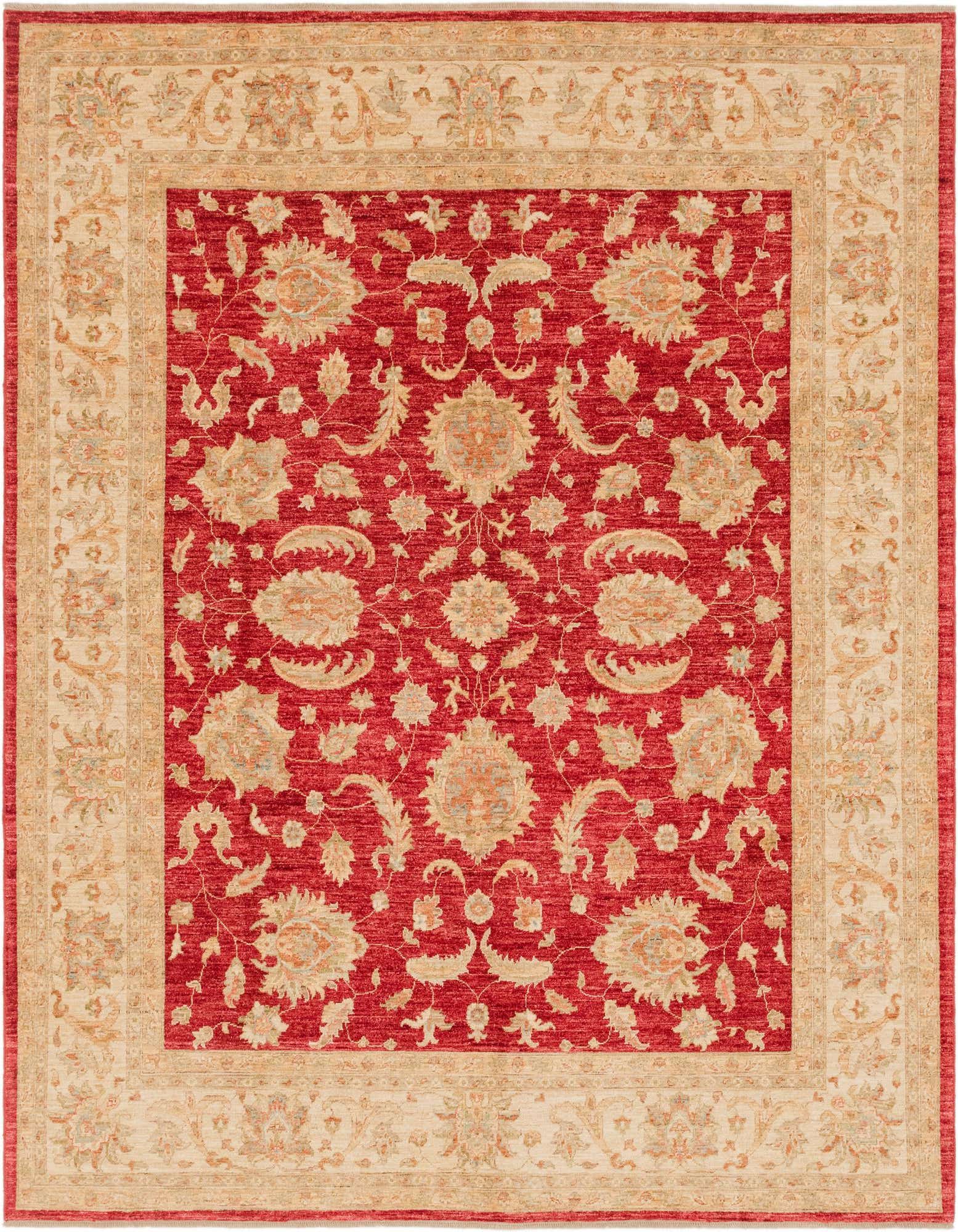 A rectangular 8x10 Peshawar Ziegler rug featuring a vibrant red field with intricate botanical and floral patterns in beige and gold, framed by a wide beige border with matching traditional motifs.