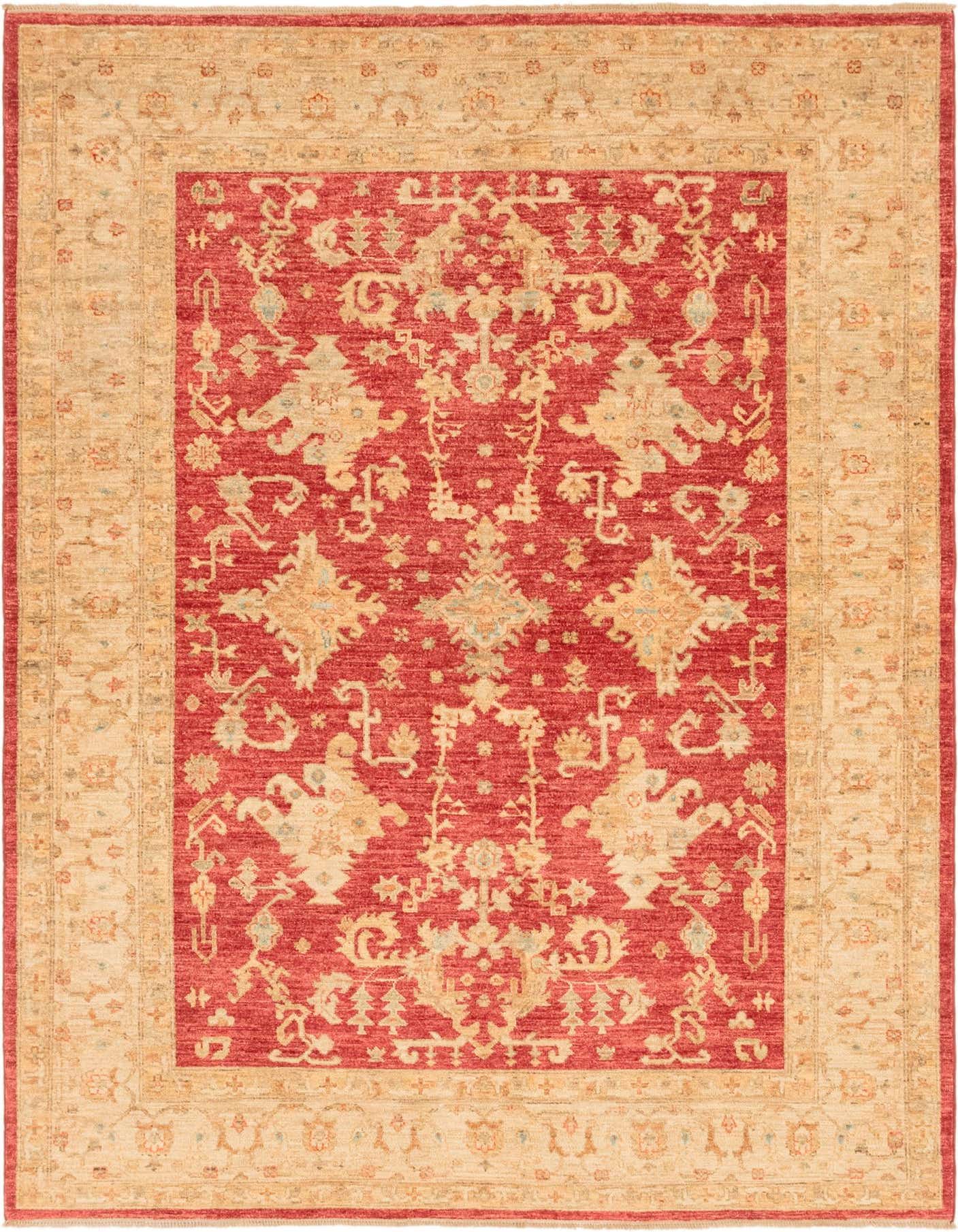 A 6x9 rectangular Peshawar Ziegler rug with a deep red field and intricate botanical patterns in gold and light blue, framed by a wide beige border with complementary floral motifs.