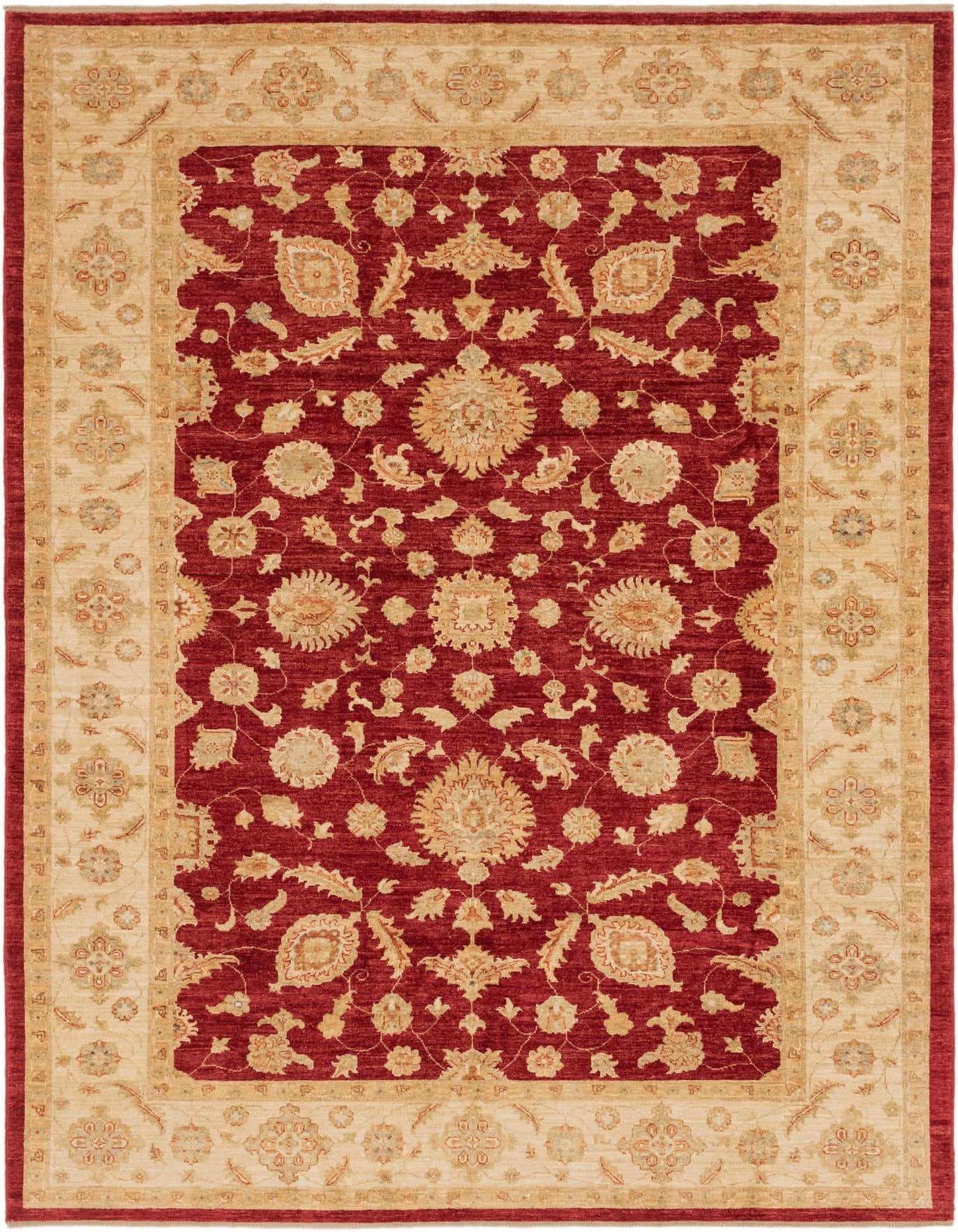 A 7x10 rectangular Peshawar Ziegler rug featuring a rich red field with intricate gold and beige traditional floral patterns, bordered by a wide beige band with complementary designs.