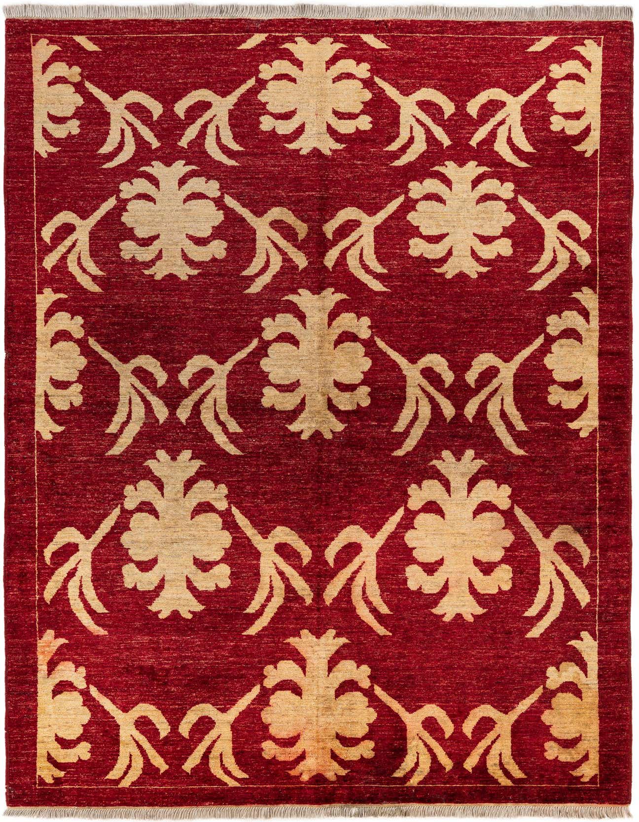 A 5x8 rectangular red Oriental rug with a repeating gold floral and vine pattern, handmade from wool.