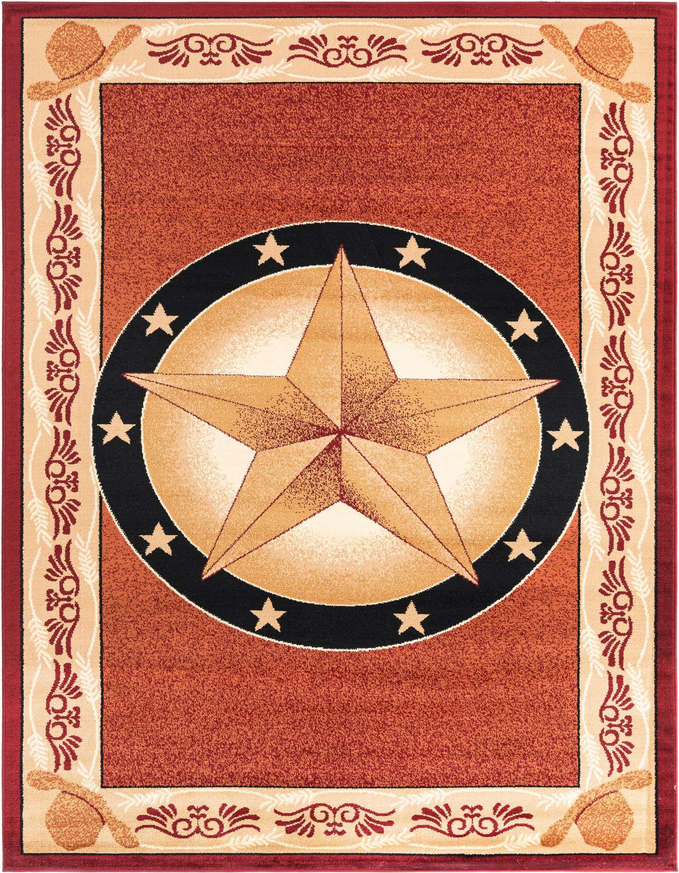 A 6x9 rectangular red rustic rug featuring a large central gold star medallion, bordered by cowboy hats and western motifs.