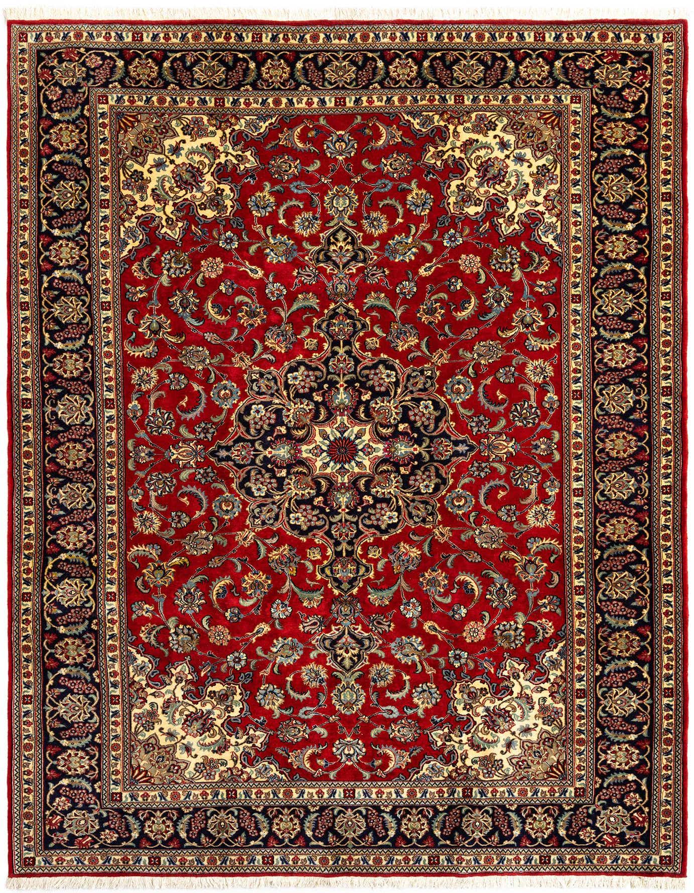 A vibrant 7x10 rectangular Qom Persian rug in rich reds, featuring intricate floral and medallion patterns, perfect for a living room.