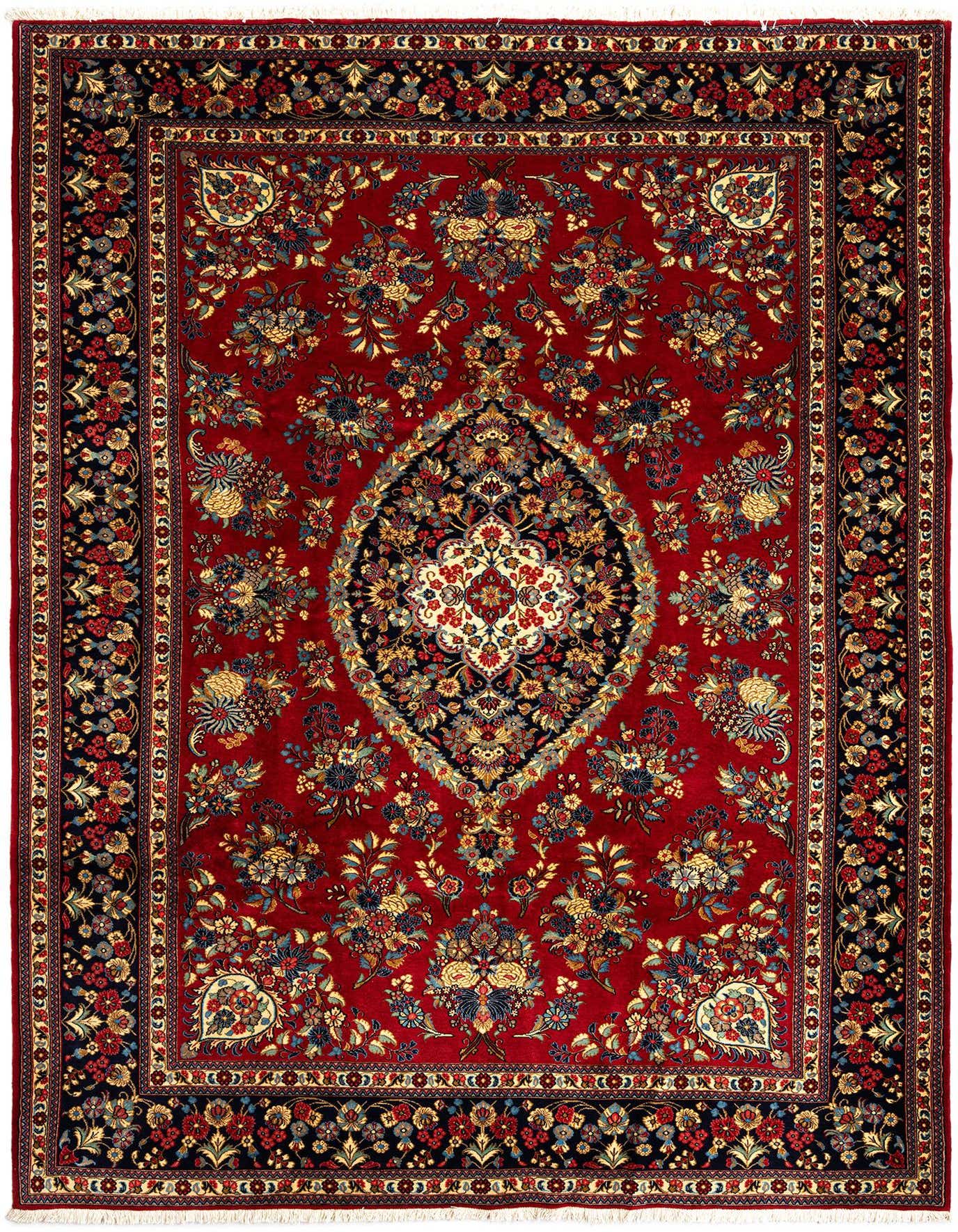 A 7x10 rectangular Qom Persian rug in rich red, featuring an intricate floral medallion and border.