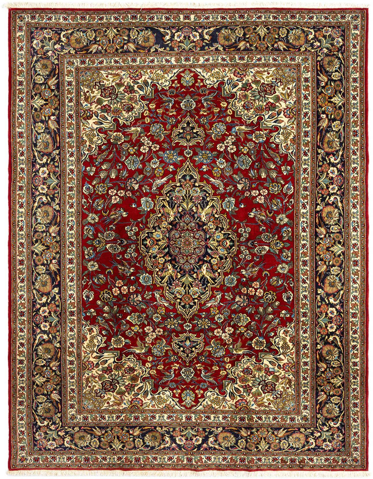 A 7x10 rectangular Qom Persian rug in deep red, featuring an intricate floral medallion pattern and ornate borders.