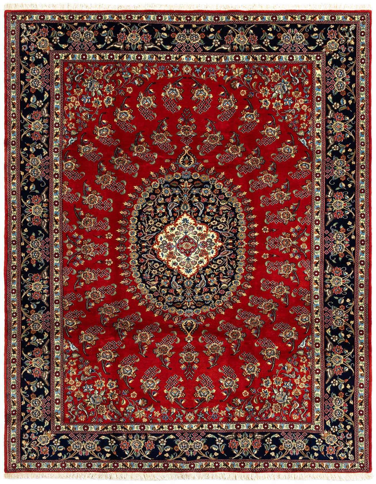 A 7x10 rectangular red Persian rug with an intricate floral medallion and a dark blue border, handmade from wool.