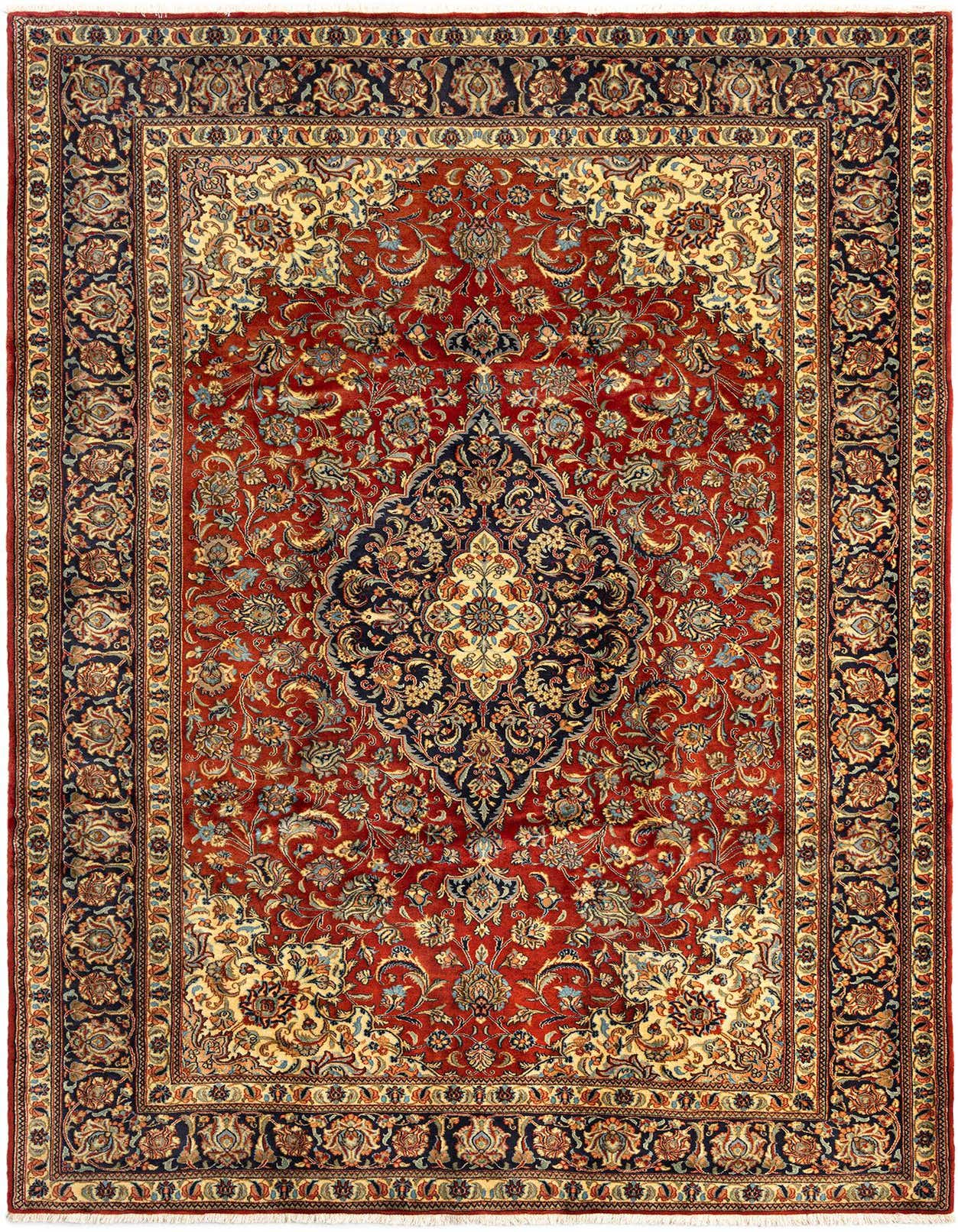 A 7x10 rectangular handmade Persian Qom rug featuring a rich red field with intricate floral motifs and a central medallion, framed by a dark blue and cream border.