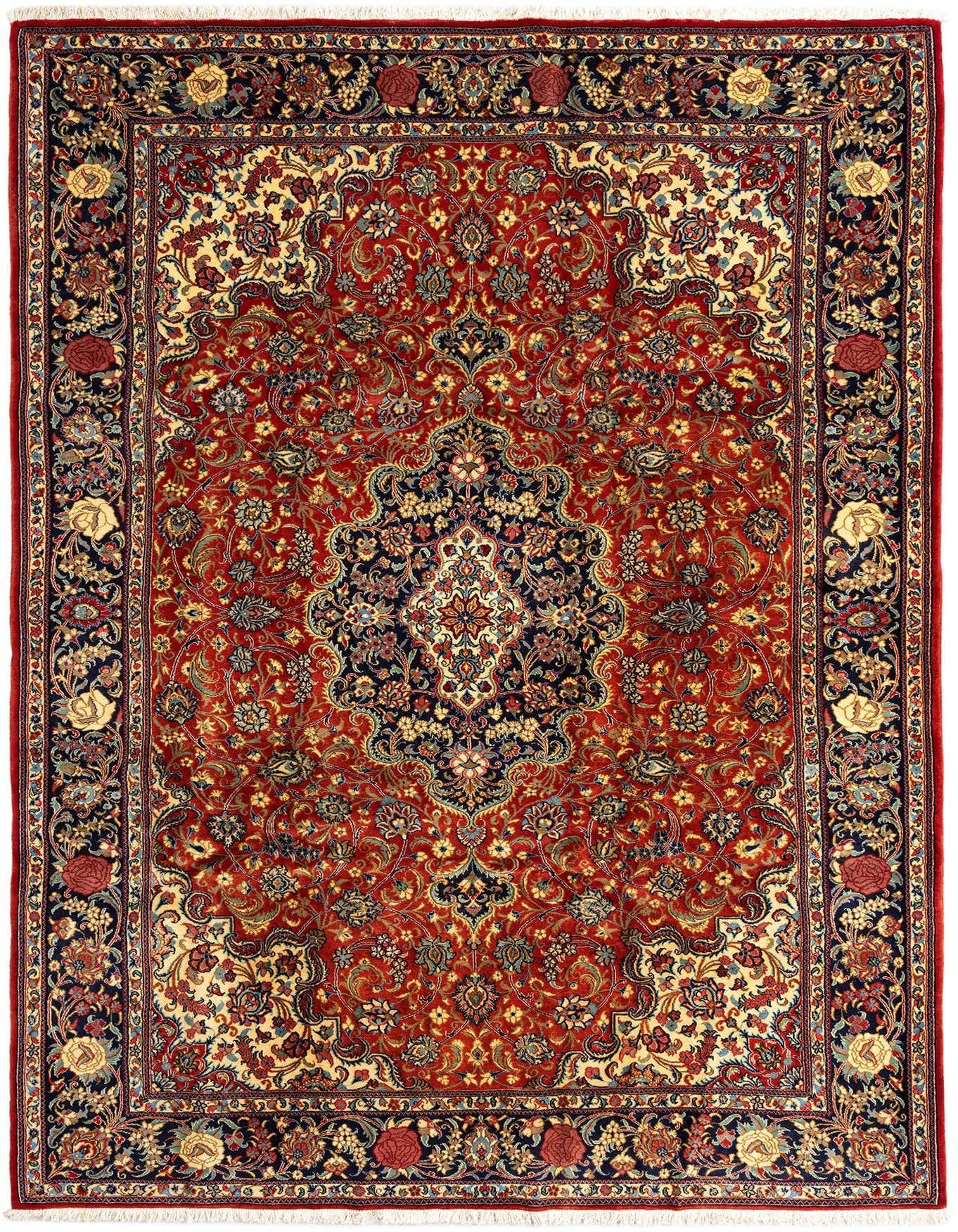 A 7x10 rectangular Qom Persian rug in rich reds, featuring an intricate floral medallion pattern and ornate borders.
