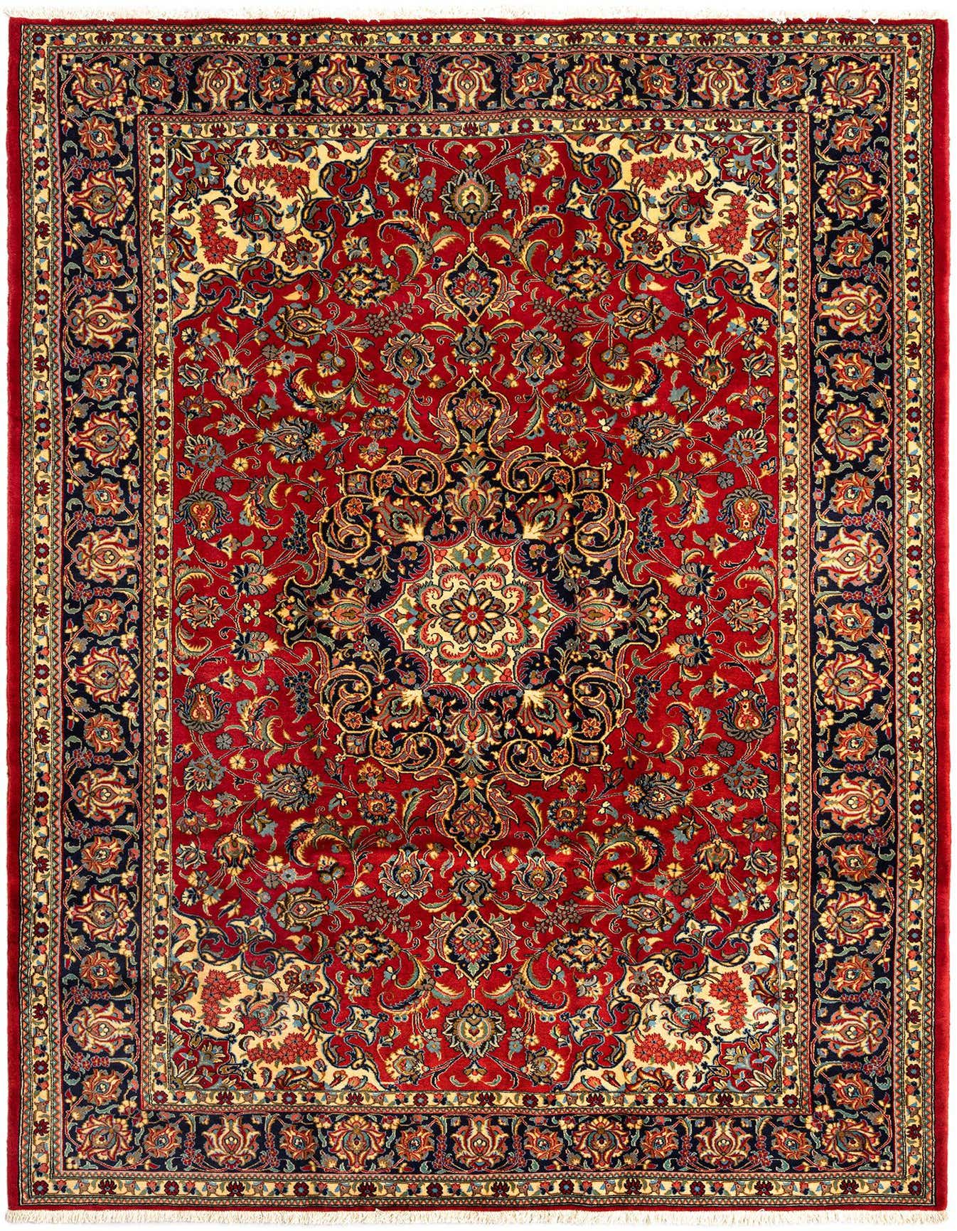 A 6x9 rectangular Qom Persian rug in red with intricate floral and medallion patterns, handmade from wool.