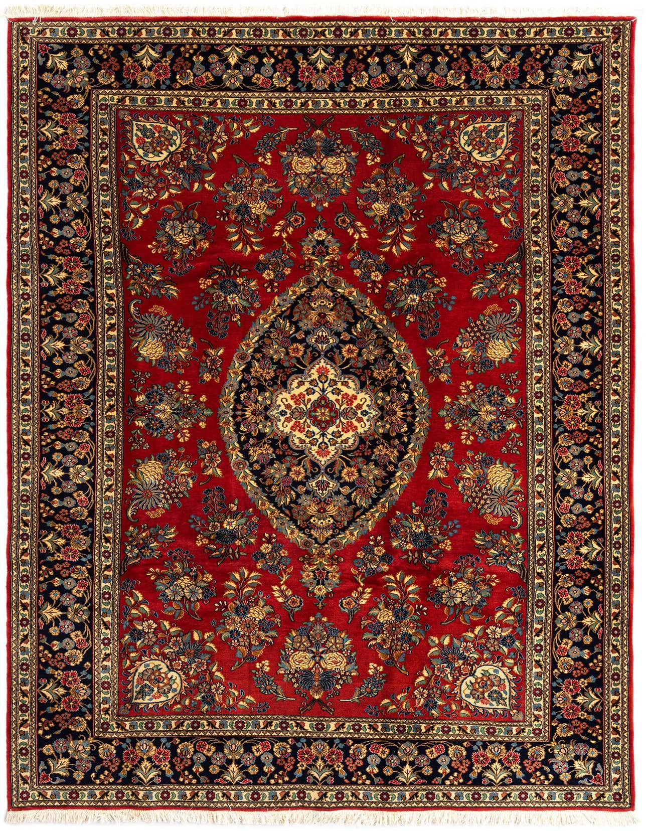 A 7x10 rectangular red Persian rug with a central medallion and intricate floral patterns in navy, gold, and light blue.