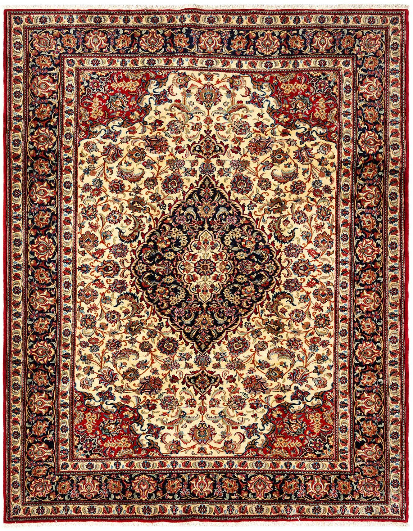 A 7x10 rectangular Qom Persian rug featuring a cream field with a central navy medallion and intricate red, blue, and gold floral patterns, framed by a detailed red and navy border.