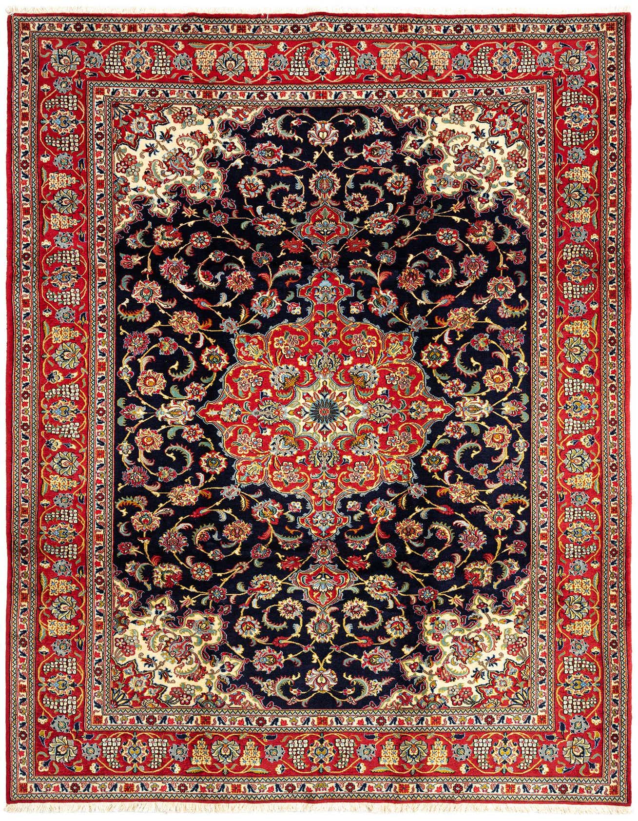 A 7x10 rectangular Qom Persian rug with a navy blue field, red border, and intricate floral patterns.