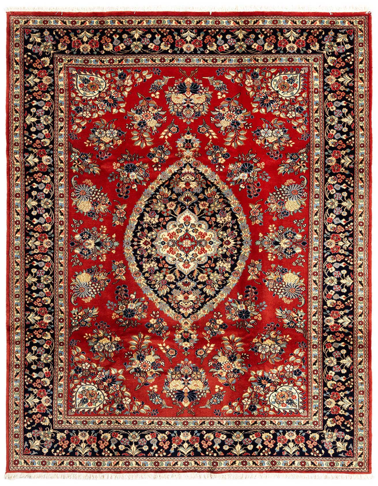 A 7x10 rectangular red Persian wool rug featuring a central medallion and intricate floral patterns with navy blue borders.