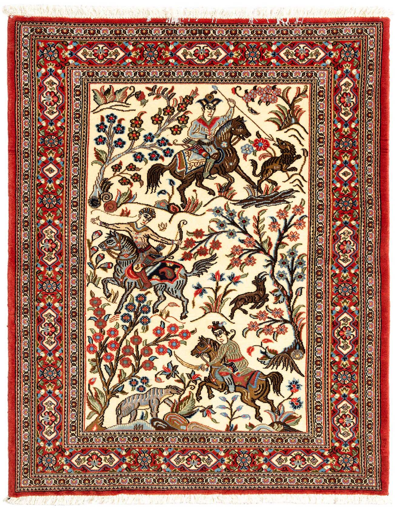 A 3x5 rectangular Persian rug with a cream field depicting hunters on horseback and various animals amidst flowering trees, framed by a detailed red border.