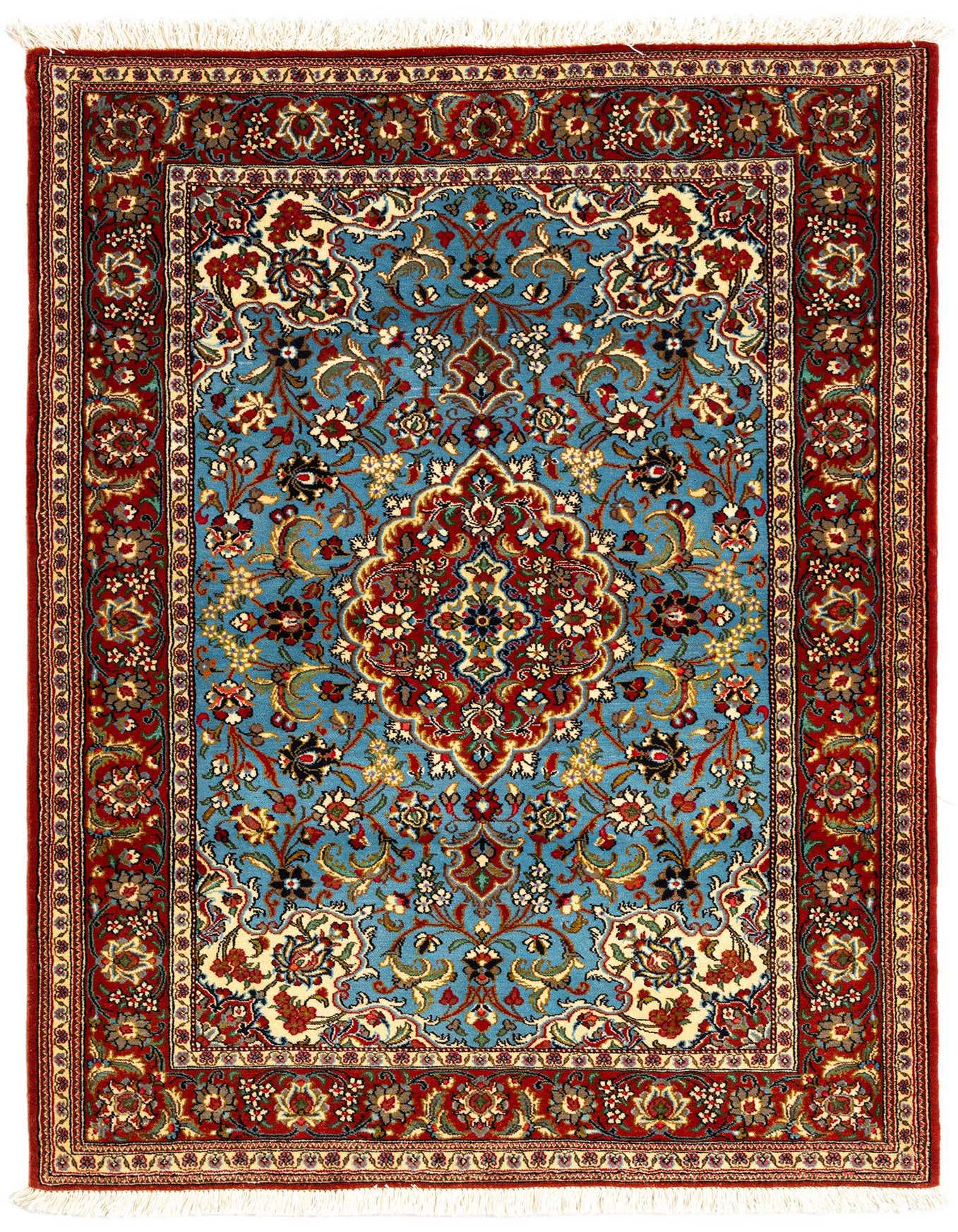 A 3x5 rectangular red Persian rug with a central medallion and intricate floral patterns in blue, cream, and gold.