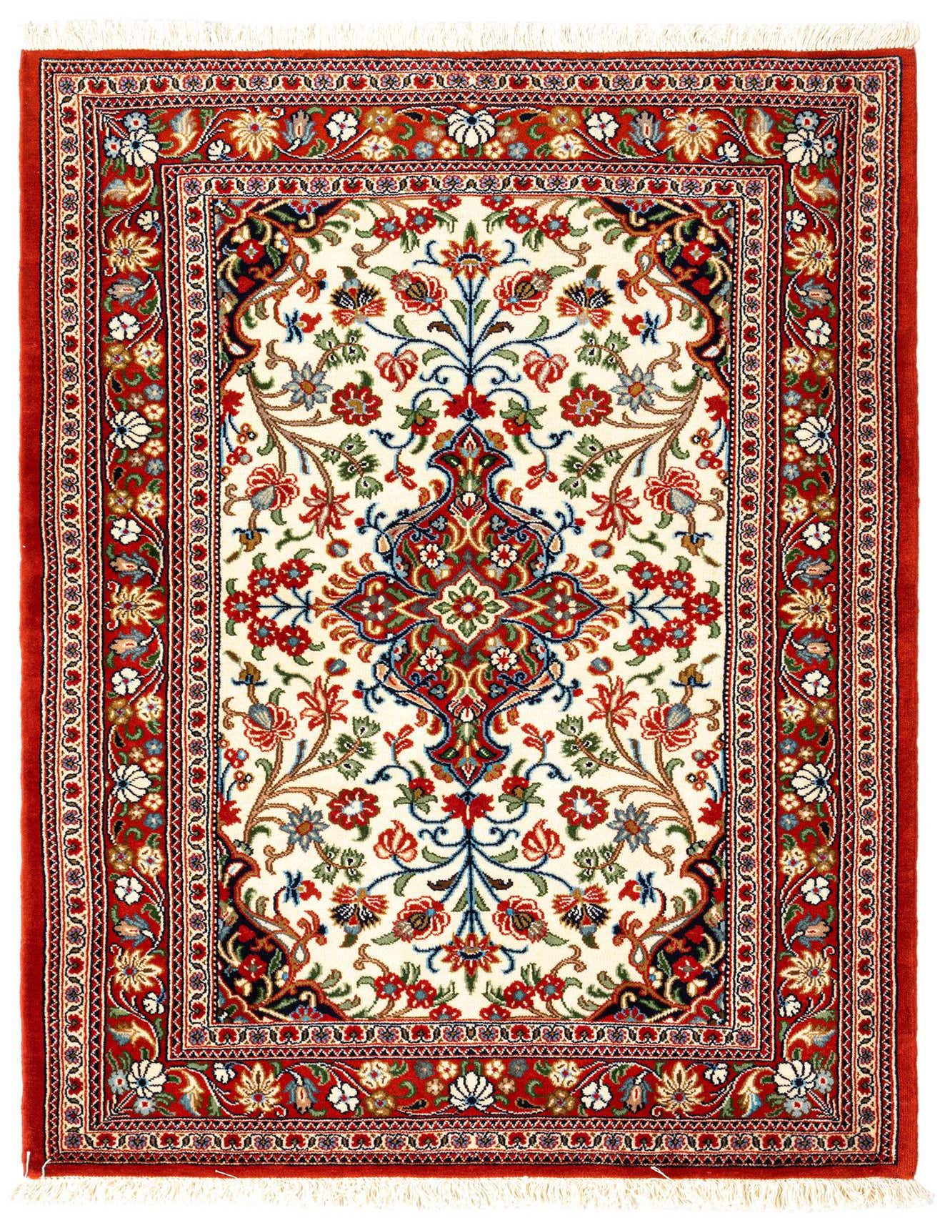 A 3x5 rectangular red Persian wool rug with an intricate floral medallion pattern on a cream background, bordered in red.