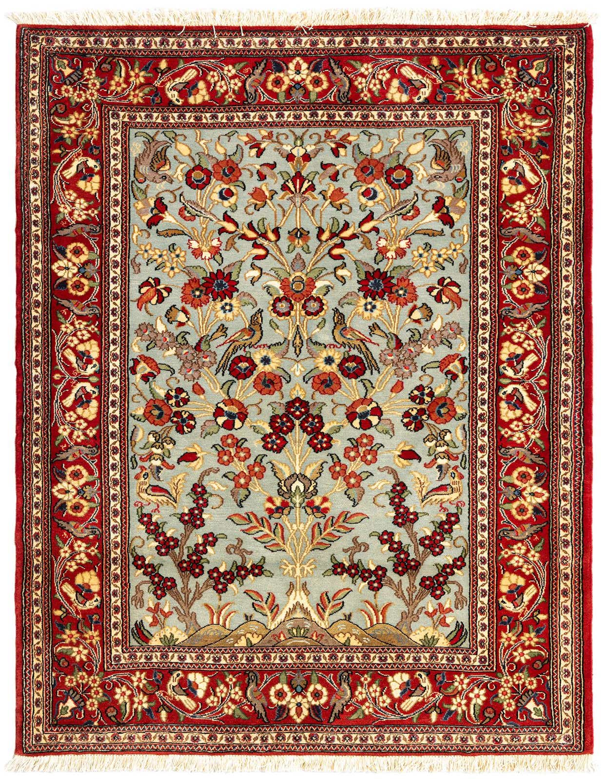 A 3x5 rectangular Persian rug with a red border and a light blue-green field featuring intricate floral and bird motifs.