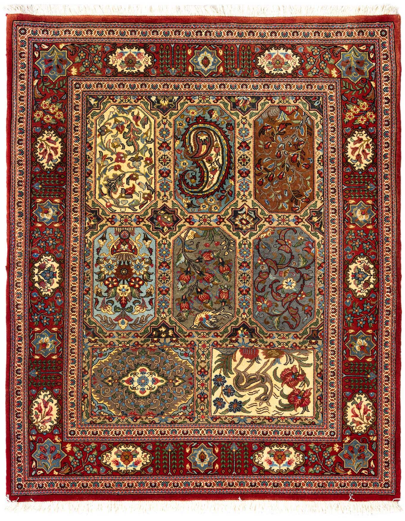 A 3x5 rectangular Persian Qom rug with a rich red border and a central panel of diverse floral and paisley motifs in blues, creams, and browns.