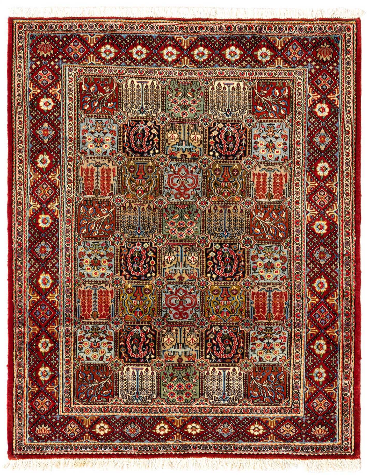 A 3x5 rectangular Persian Qom rug featuring a rich red border and a central field of multicolored, intricate floral and geometric patterns in squares.