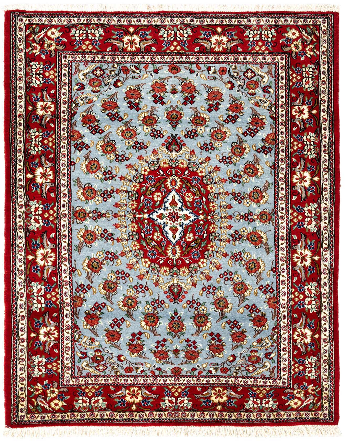 A rectangular 3x5 handmade Persian rug with a red border and a light blue field, featuring intricate floral and medallion patterns.